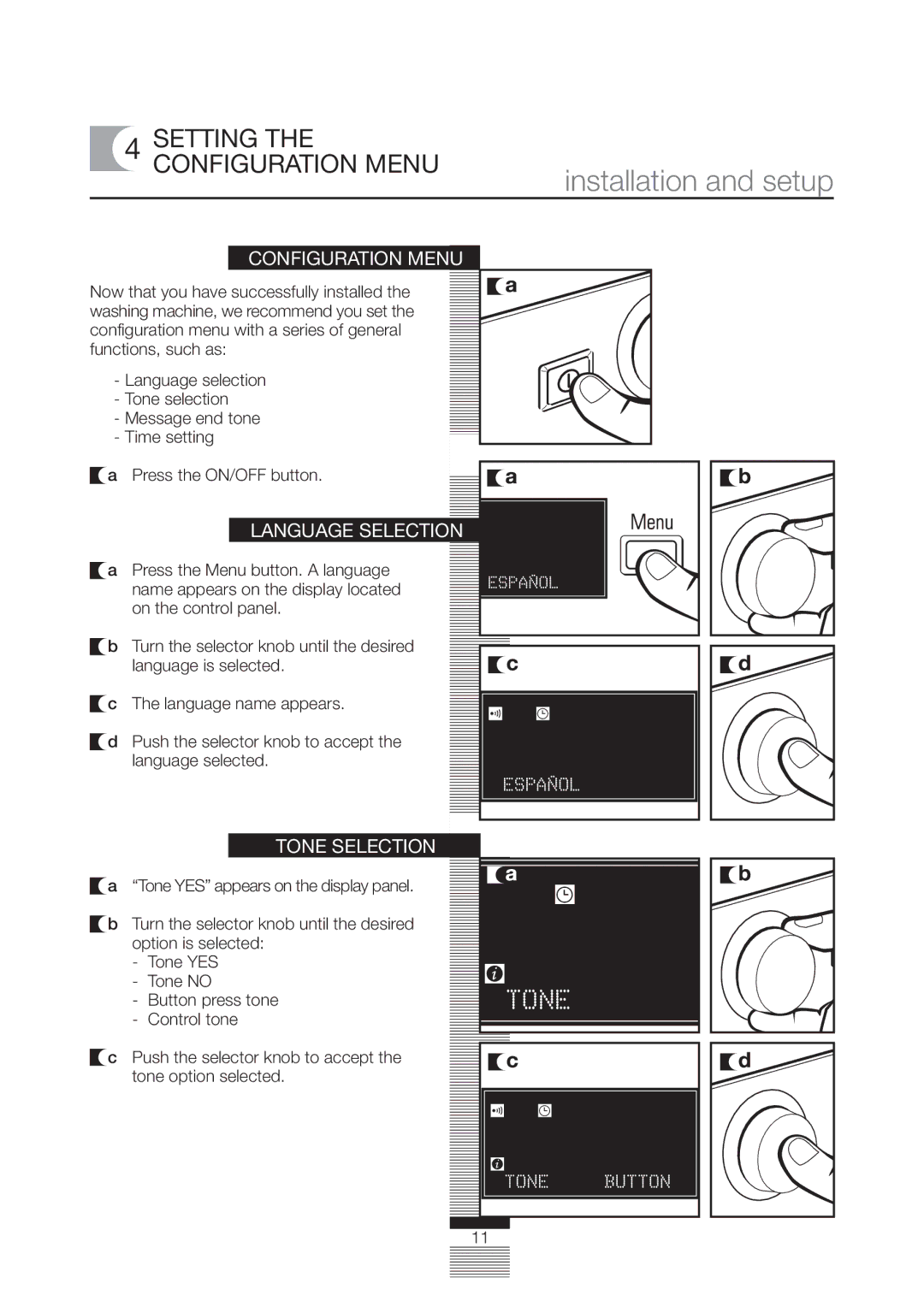 Fagor America FA-4812X manual Setting the Configuration Menu, Language Selection, Tone Selection 