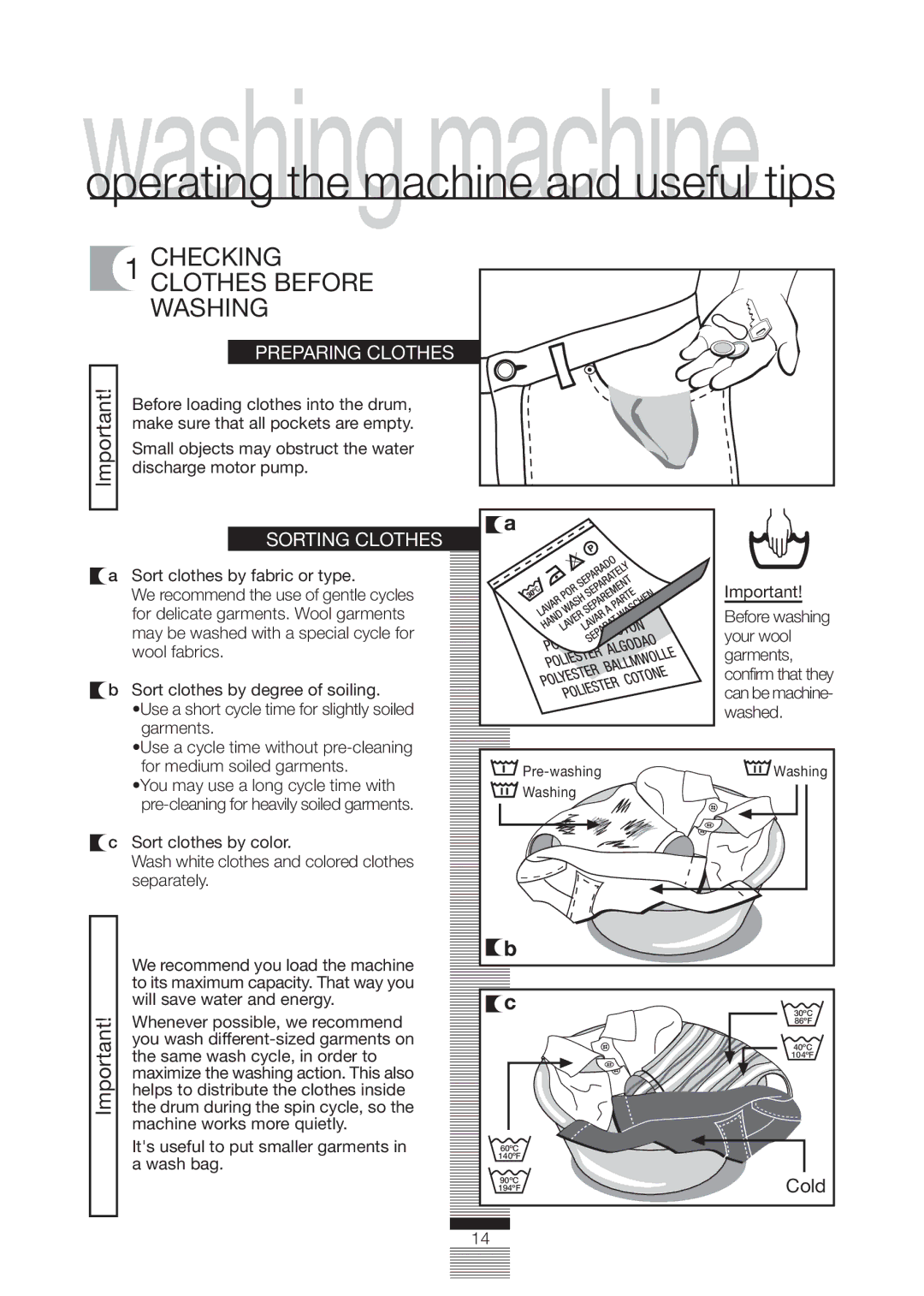 Fagor America FA-4812X manual Checking Clothes Before Washing, Preparing Clothes, Sorting Clothes 