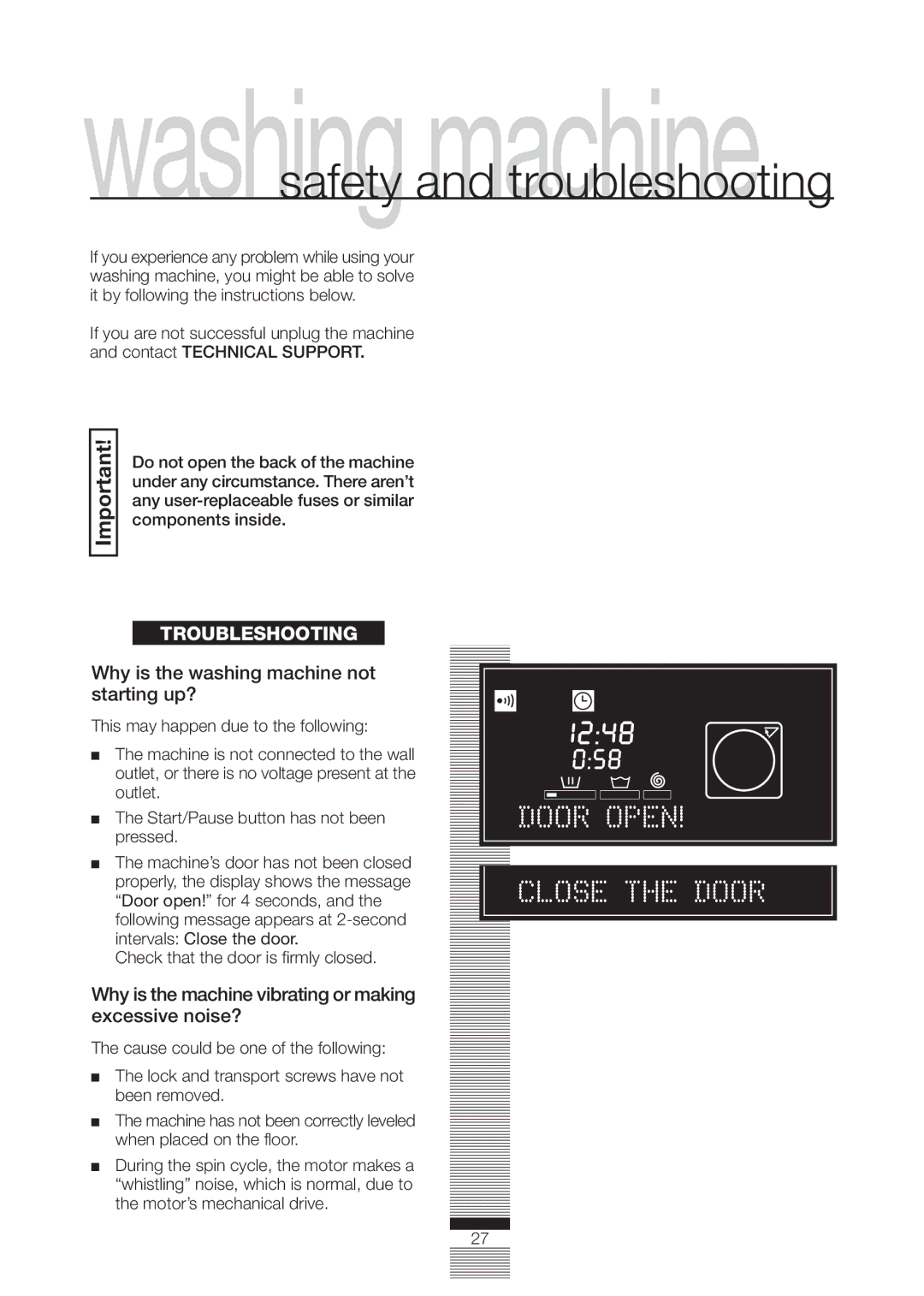 Fagor America FA-4812 Why is the washing machine not starting up?, Why is the machine vibrating or making excessive noise? 