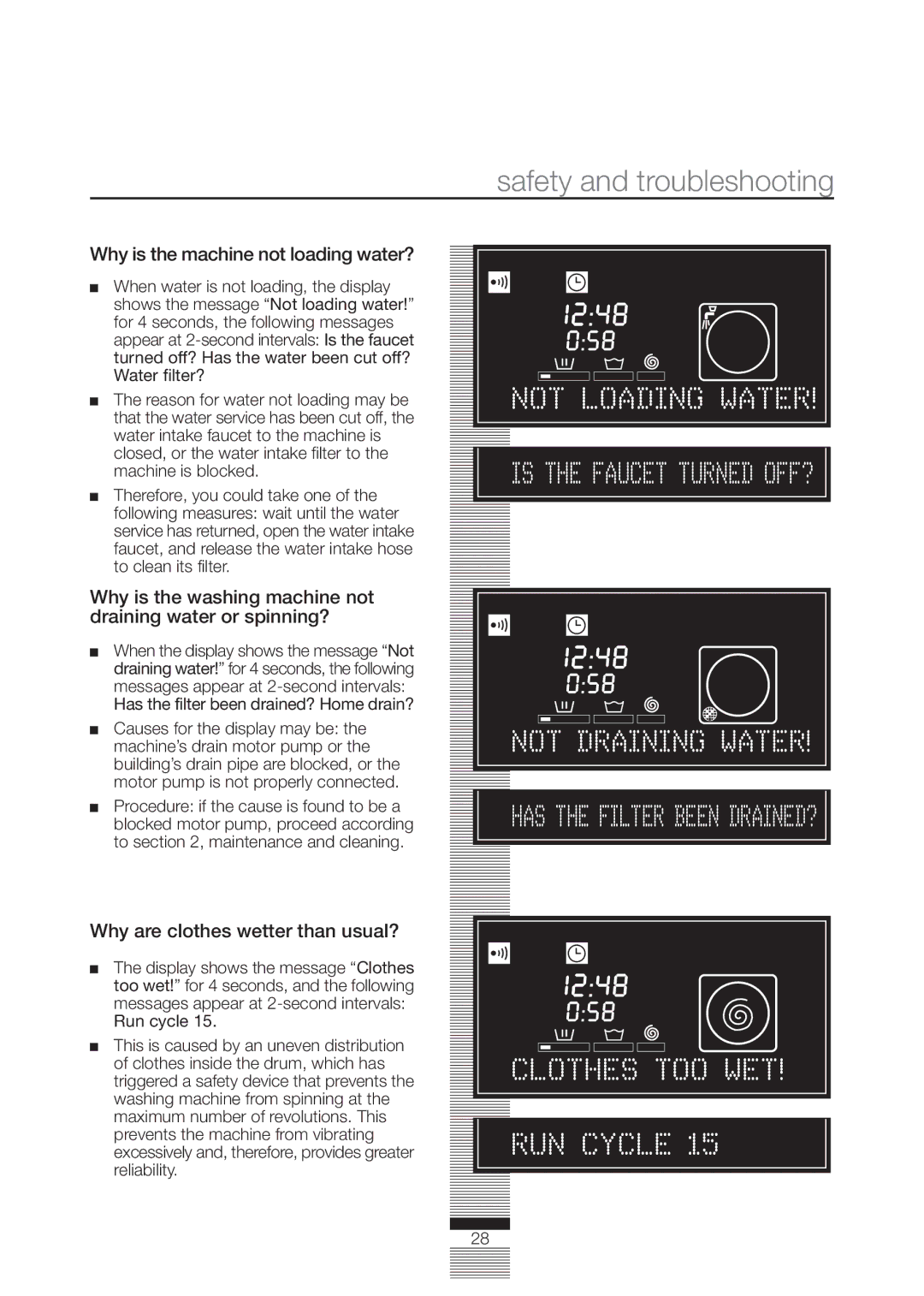 Fagor America FA-4812X manual Safety and troubleshooting, Why is the machine not loading water? 