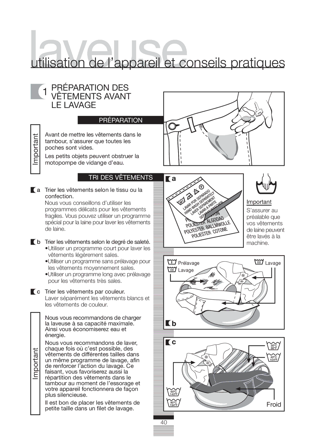 Fagor America FA-4812X manual Préparation DES Vêtements Avant LE Lavage, TRI DES Vêtements, Froid 