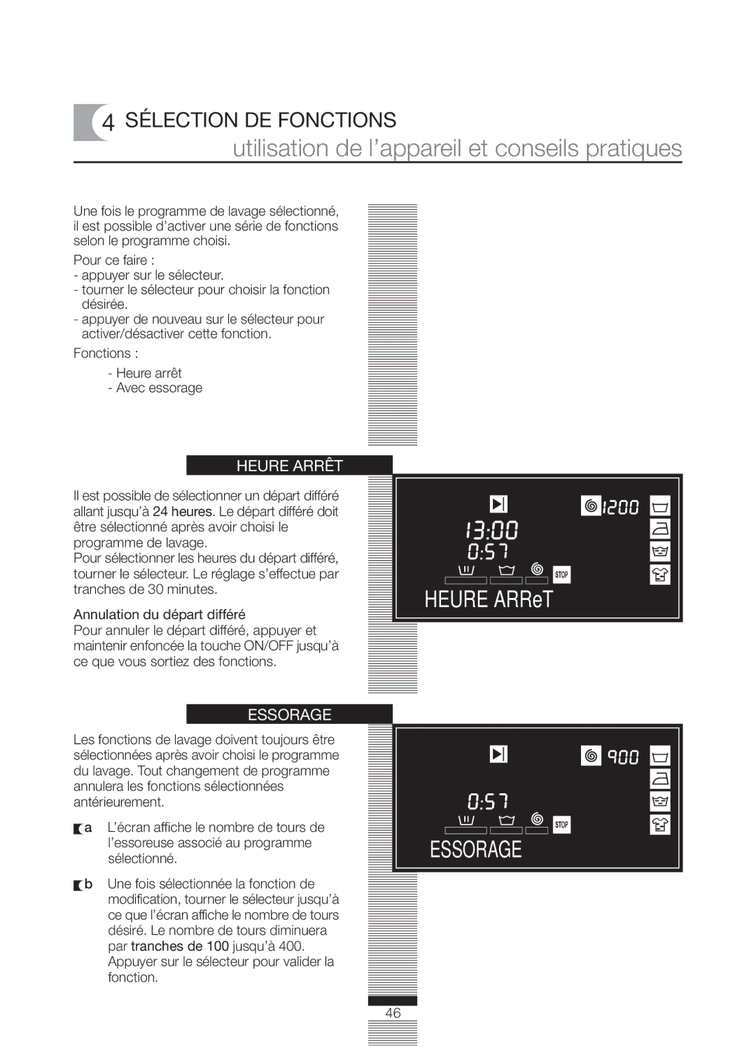 Fagor America FA-4812X manual Sélection DE Fonctions, Heure Arrêt, Essorage 