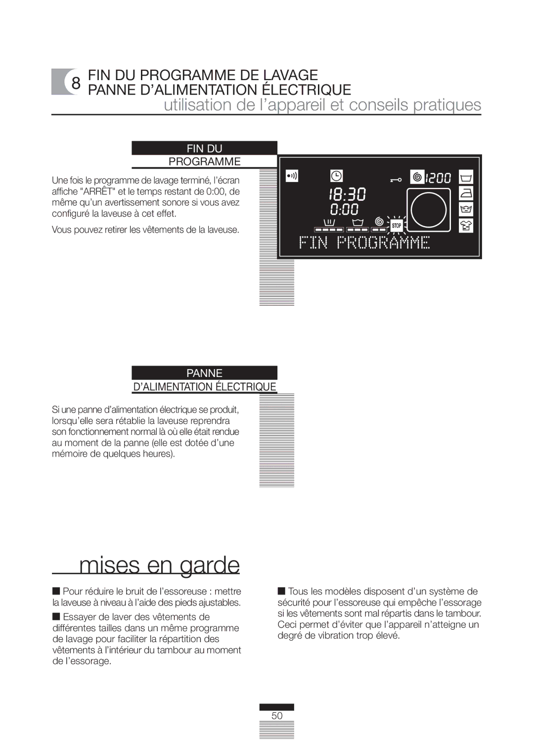 Fagor America FA-4812X manual FIN DU Programme DE Lavage Panne D’ALIMENTATION Électrique, Fin Du 