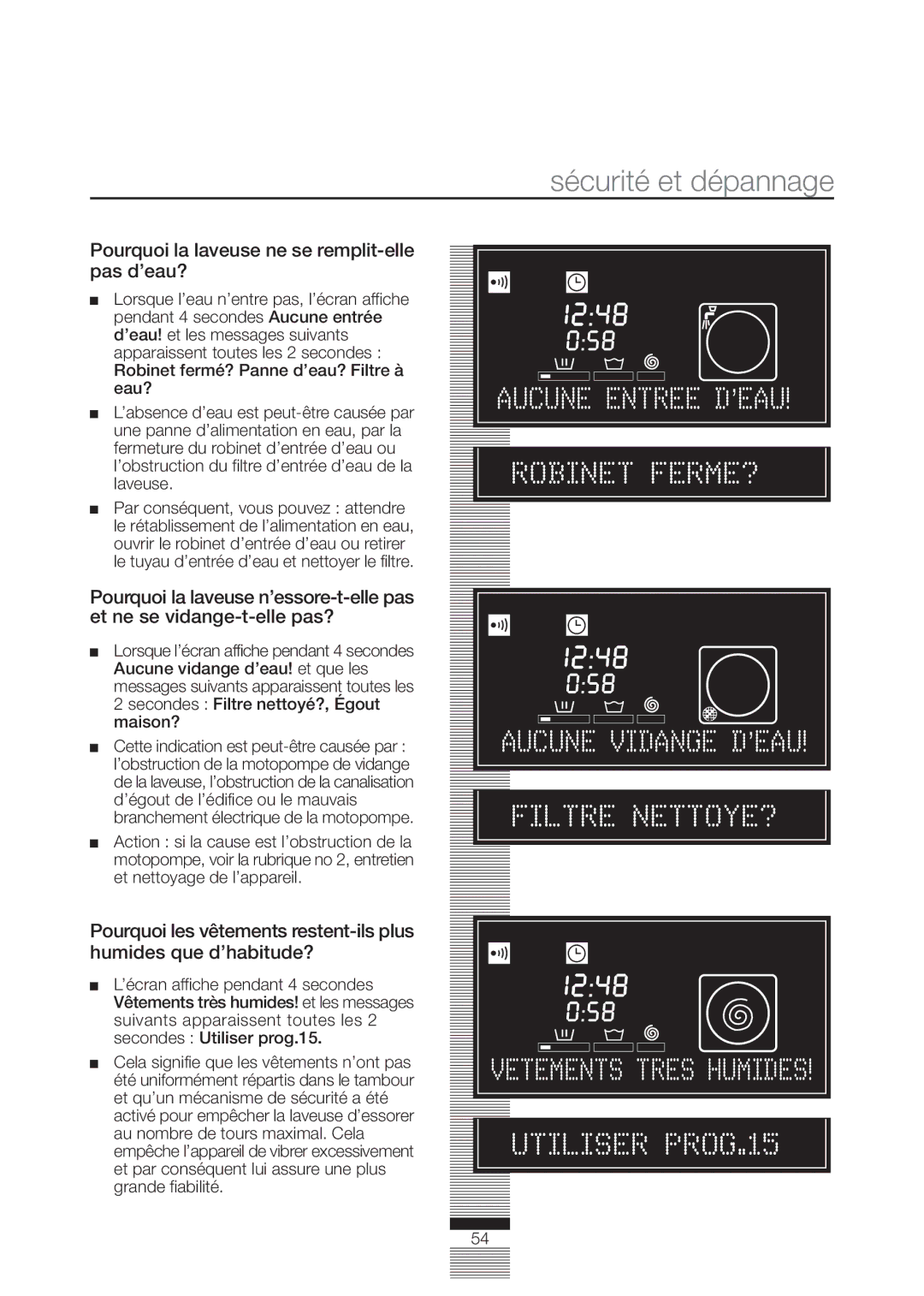 Fagor America FA-4812X manual Sécurité et dépannage, Pourquoi la laveuse ne se remplit-elle pas d’eau? 