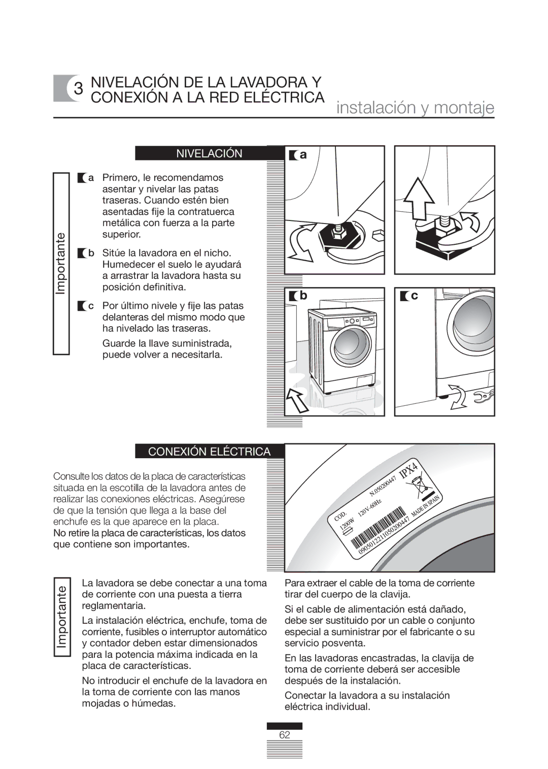 Fagor America FA-4812X manual Nivelación DE LA Lavadora Y, Conexión Eléctrica 