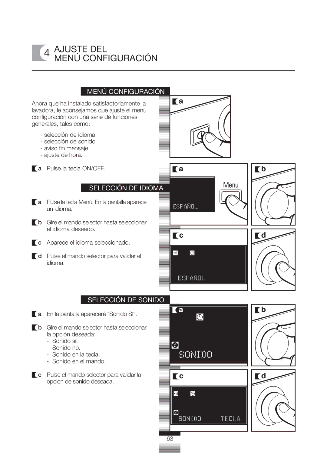 Fagor America FA-4812X manual Ajuste DEL Menú Configuración, Selección DE Idioma, Selección DE Sonido 