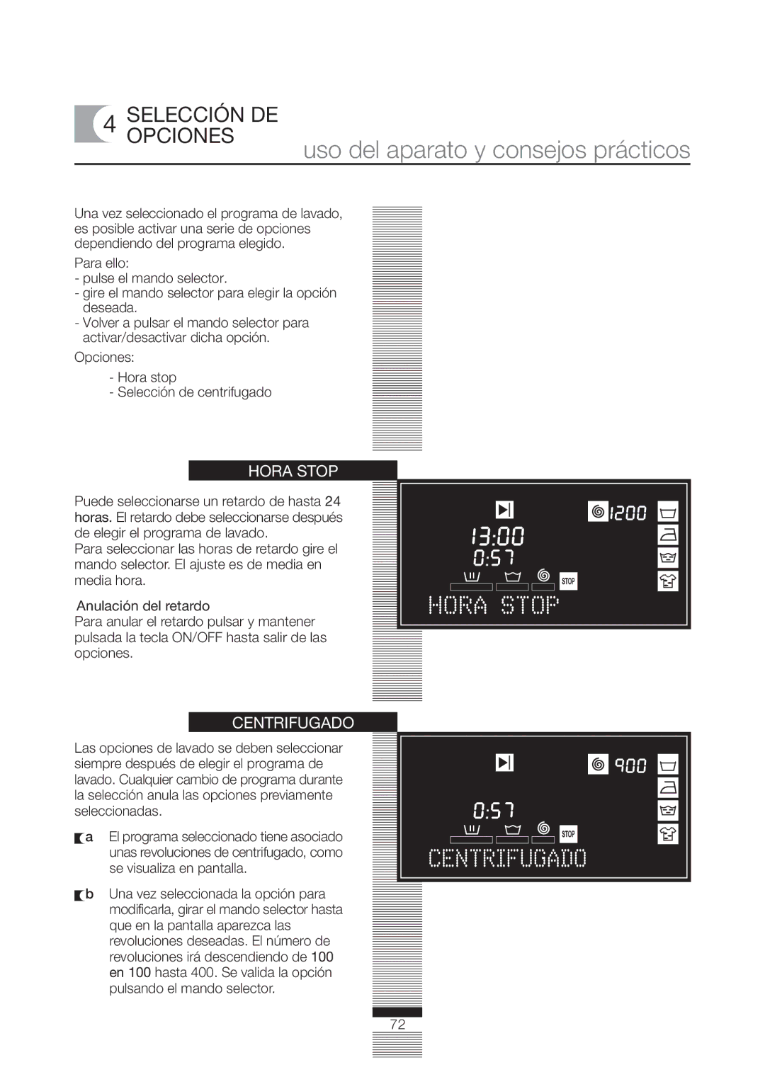 Fagor America FA-4812X manual Selecciónopciones DE, Hora Stop, Centrifugado, Opciones Hora stop Selección de centrifugado 