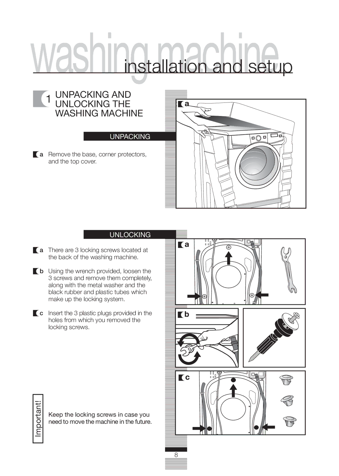 Fagor America FA-4812X Unpacking and Unlocking the Washing Machine, Remove the base, corner protectors, and the top cover 