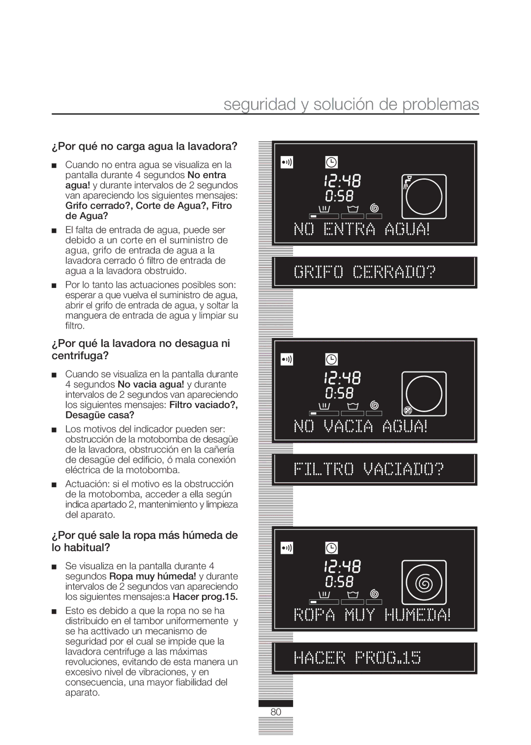 Fagor America FA-4812X manual Seguridad y solución de problemas, ¿Por qué no carga agua la lavadora? 