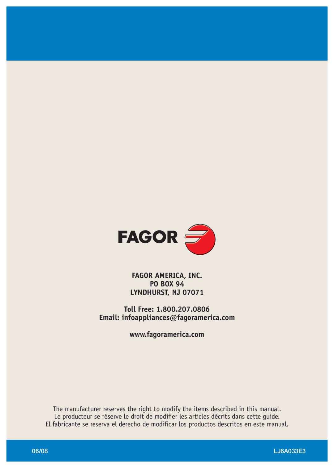 Fagor America FA-4812X manual Fagor AMERICA, INC PO BOX LYNDHURST, NJ 