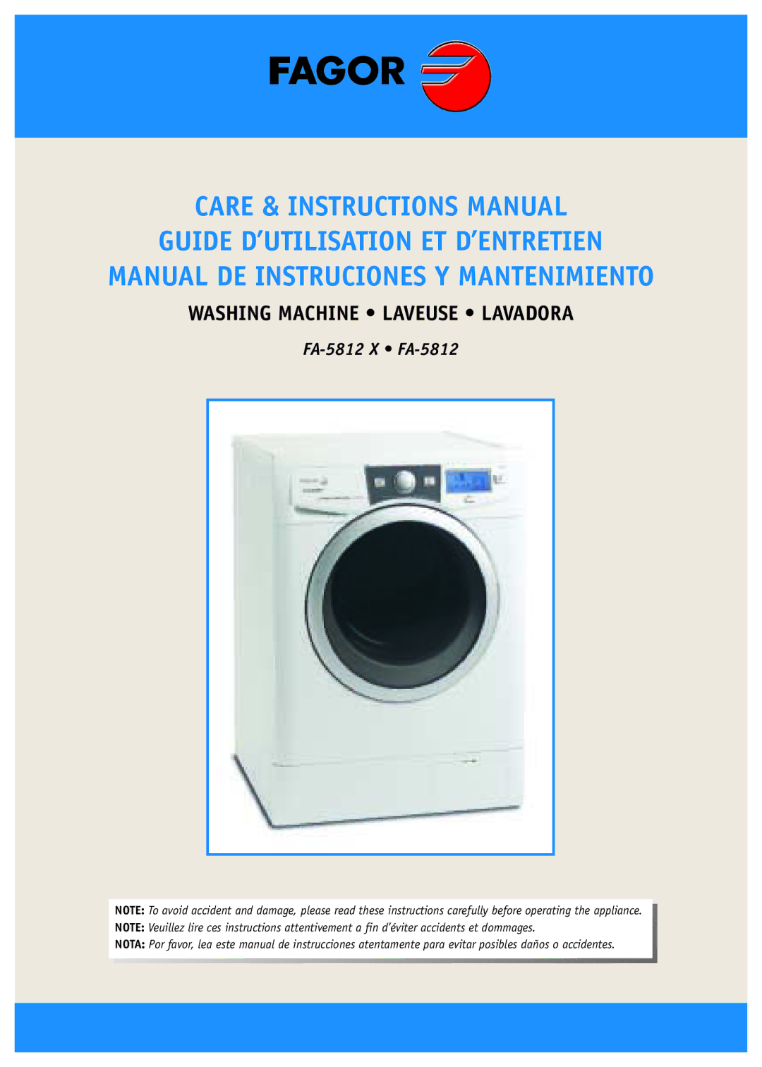 Fagor America FA-5812 X manual Washing Machine Laveuse Lavadora 