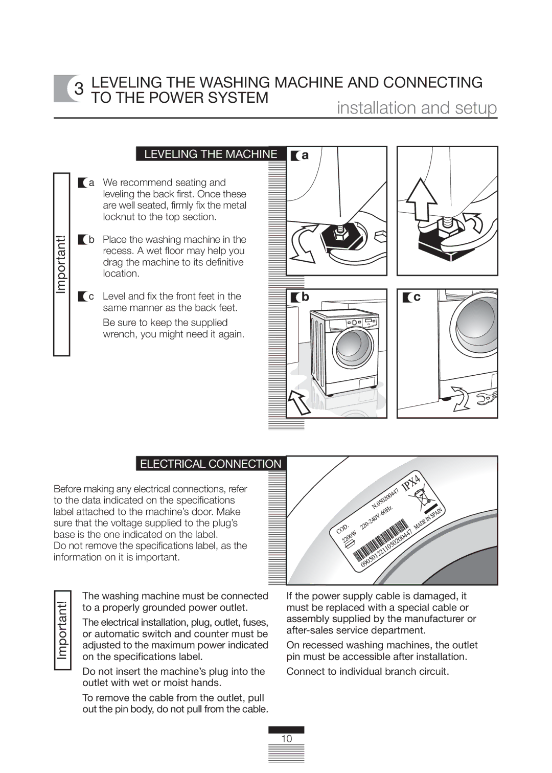 Fagor America FA-5812 X manual Leveling the Machine, Electrical Connection 