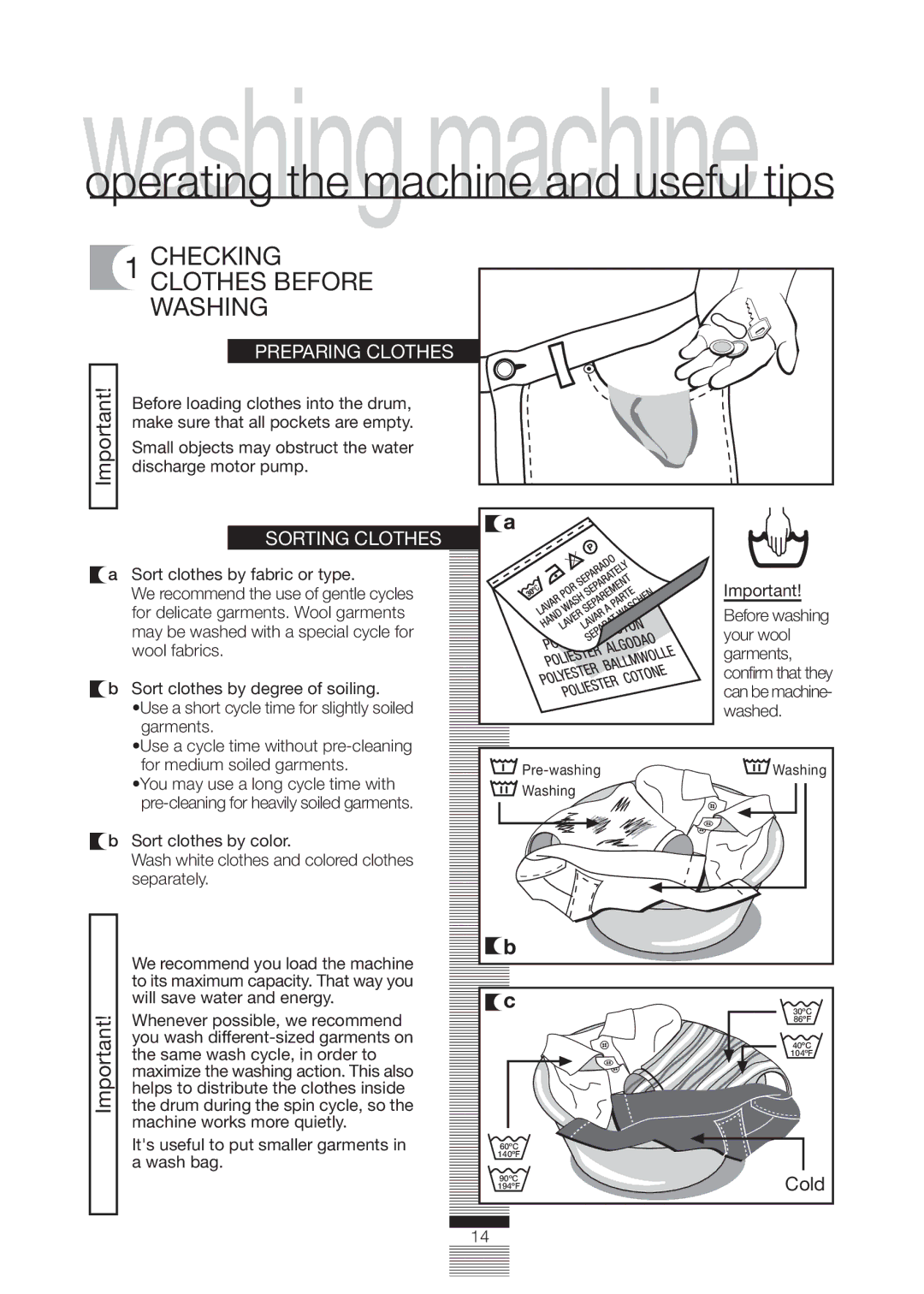 Fagor America FA-5812 X manual Checking Clothes Before Washing, Preparing Clothes, Sorting Clothes 