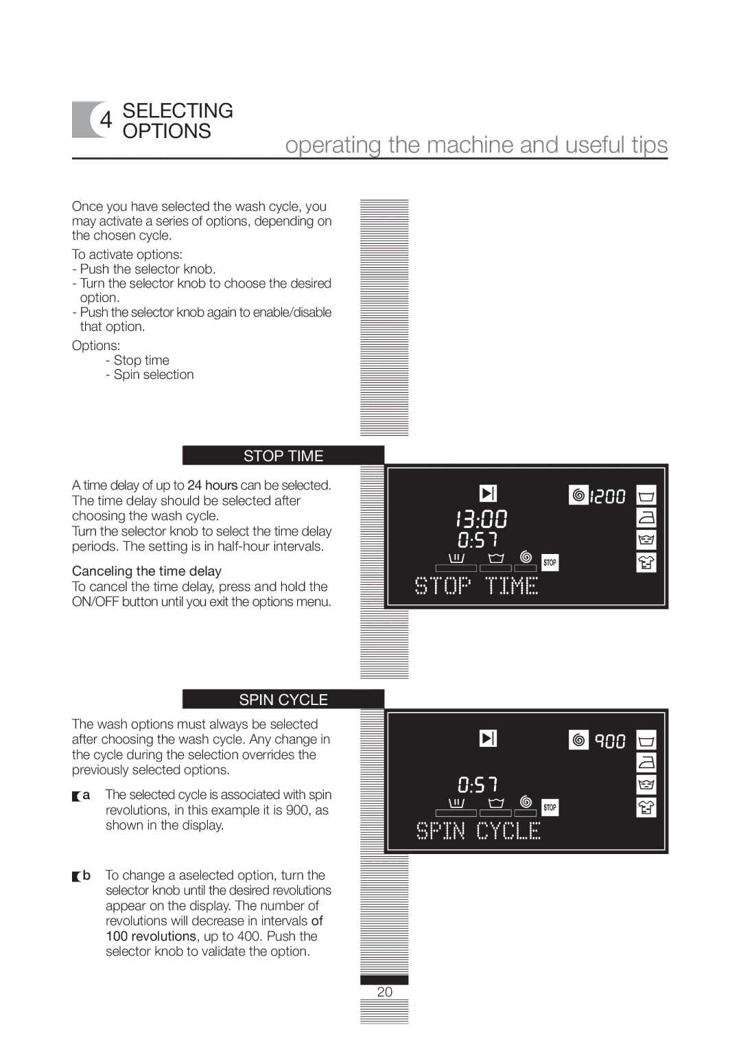 Fagor America FA-5812 X manual Selectingoptions, Stop Time, Spin Cycle, Canceling the time delay 