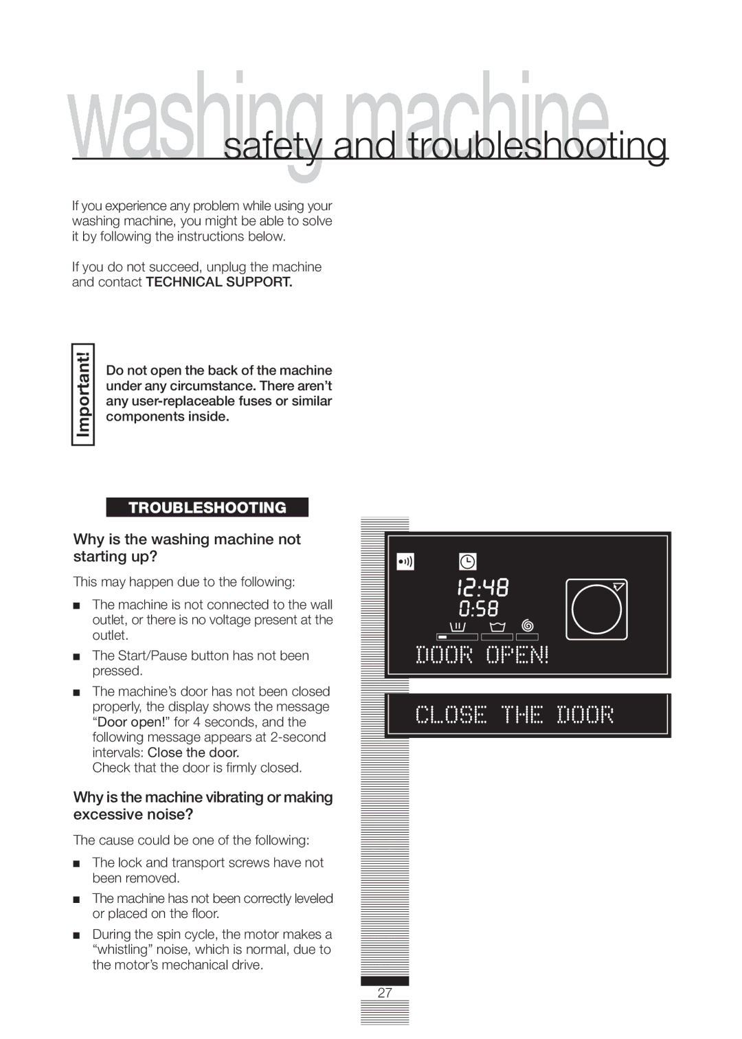 Fagor America FA-5812 Why is the washing machine not starting up?, Why is the machine vibrating or making excessive noise? 