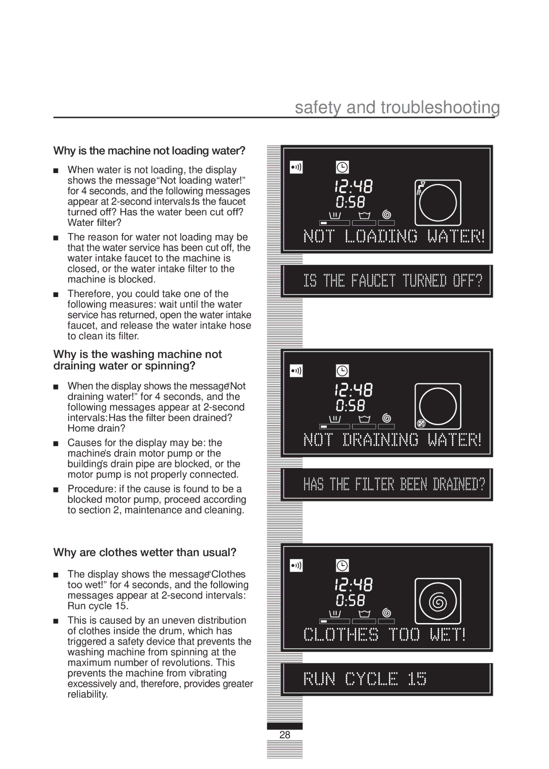 Fagor America FA-5812 X manual Safety and troubleshooting, Why is the machine not loading water? 