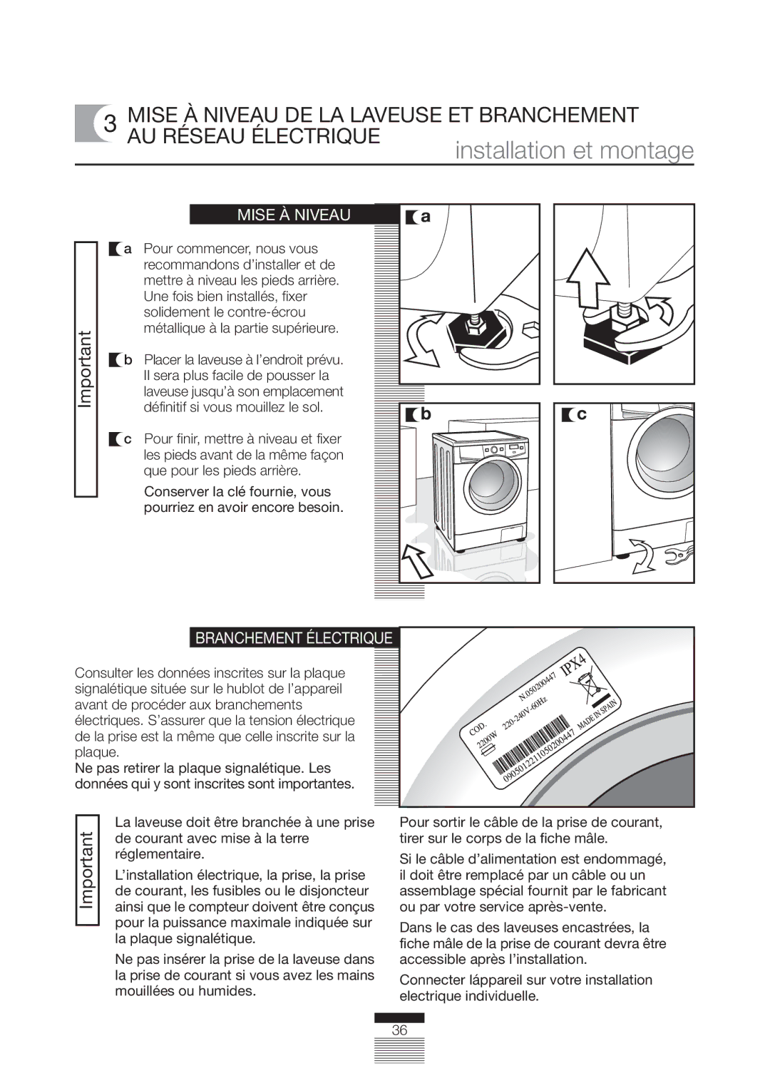 Fagor America FA-5812 X manual Mise À Niveau, Branchement Électrique 