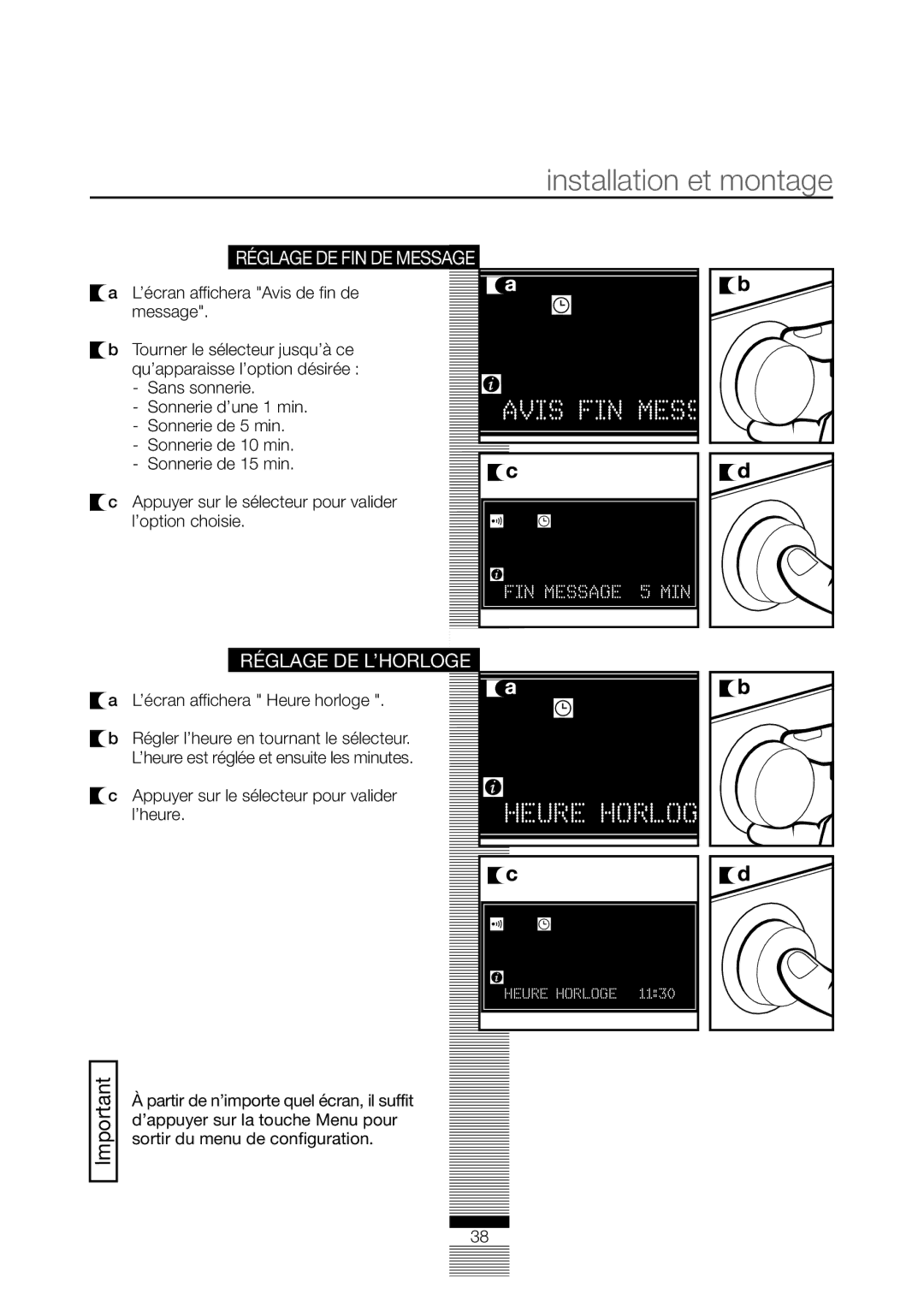 Fagor America FA-5812 X manual Réglage DE FIN DE Message, Réglage DE L’HORLOGE, ’écran affichera Heure horloge 