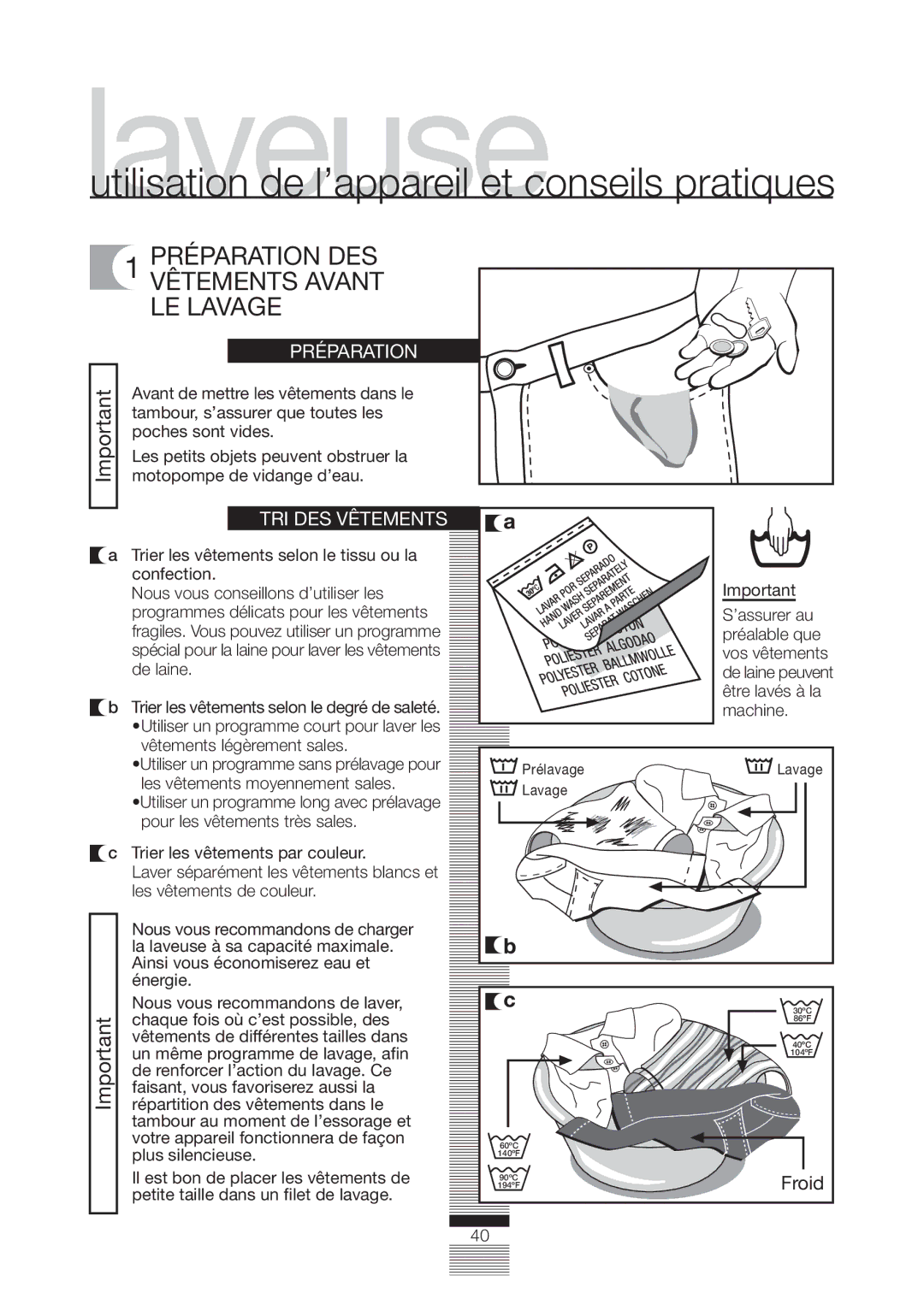 Fagor America FA-5812 X manual Préparation DES Vêtements Avant LE Lavage, Froid 