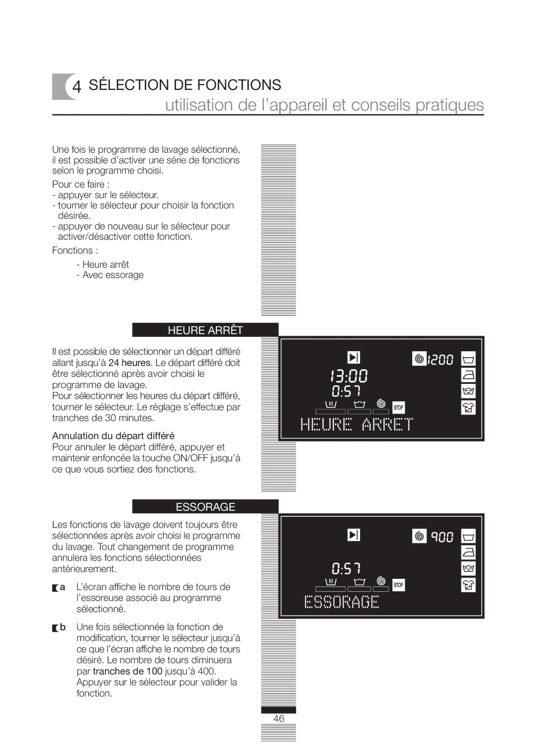 Fagor America FA-5812 X manual Sélection DE Fonctions, Heure Arrêt, Essorage 