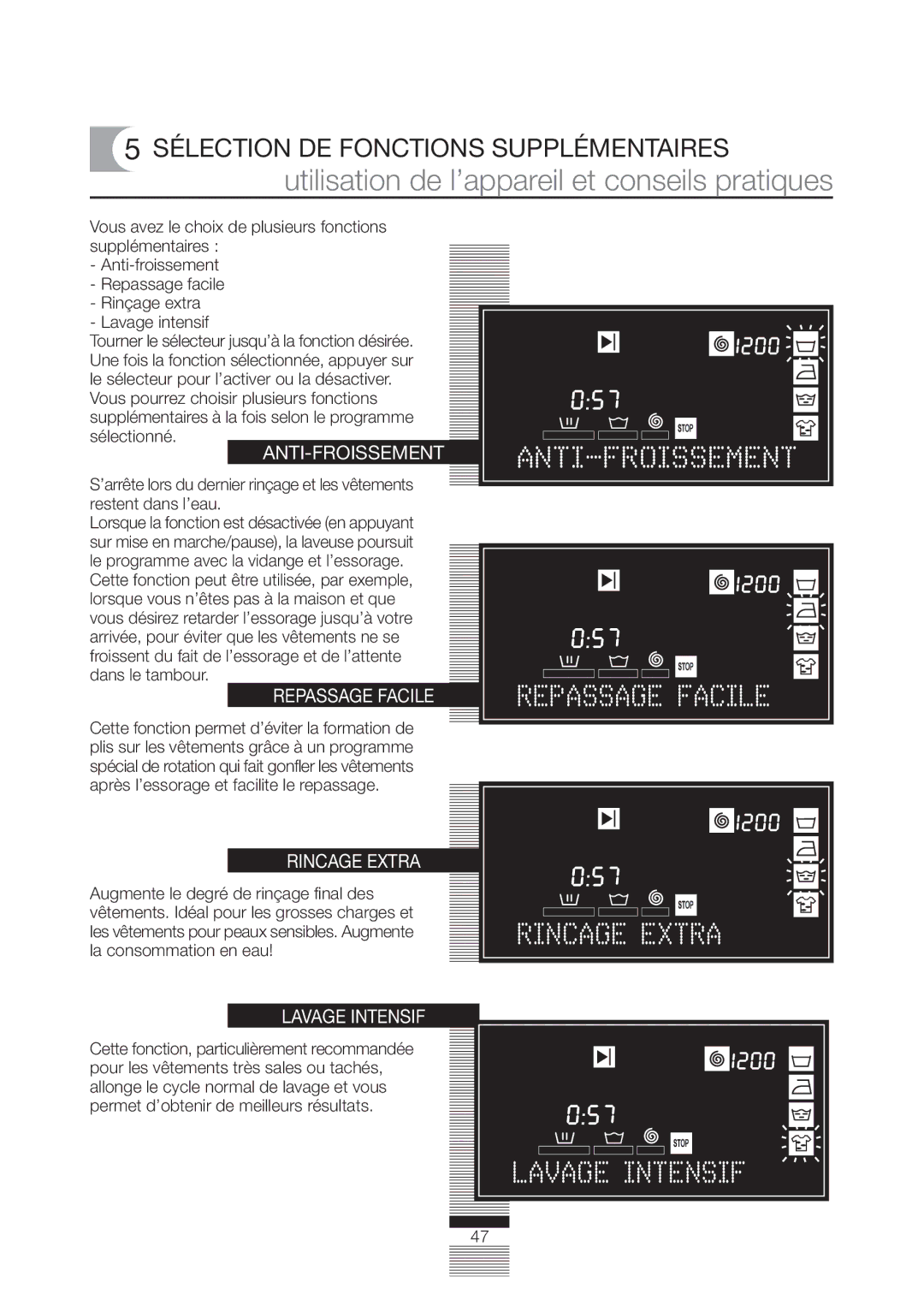 Fagor America FA-5812 X manual Sélection DE Fonctions Supplémentaires, Anti-Froissement, Repassage Facile, Rincage Extra 