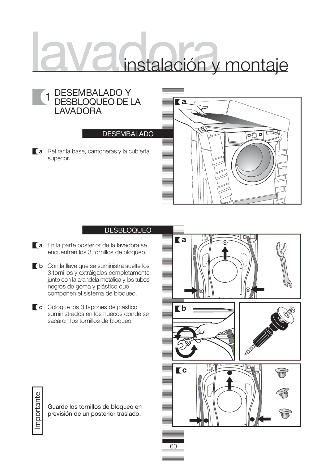 Fagor America FA-5812 X manual Desembalado Y Desbloqueo DE LA Lavadora, Retirar la base, cantoneras y la cubierta superior 