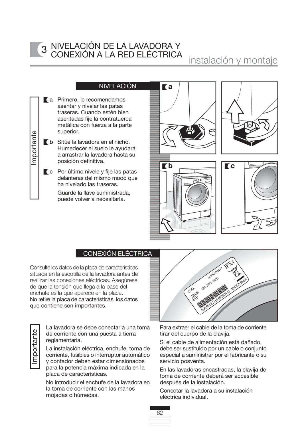 Fagor America FA-5812 X manual Nivelación DE LA Lavadora Y, Conexión Eléctrica 