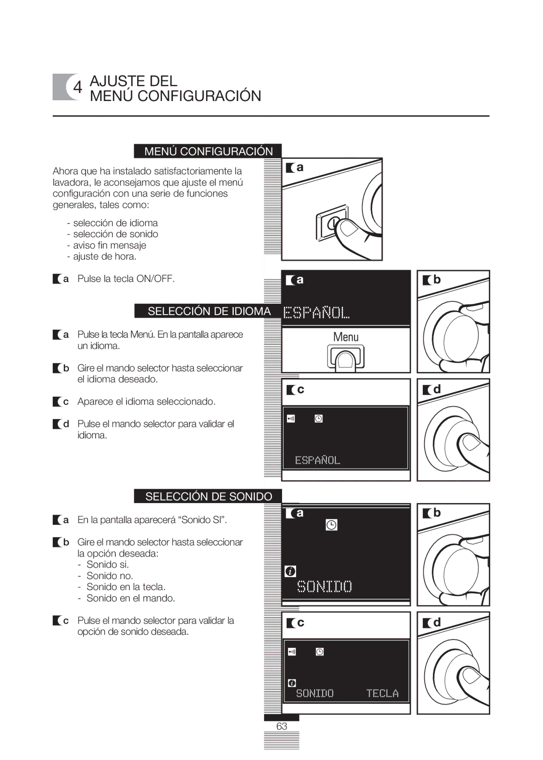 Fagor America FA-5812 X manual Ajuste DEL Menú Configuración, Selección DE Sonido 