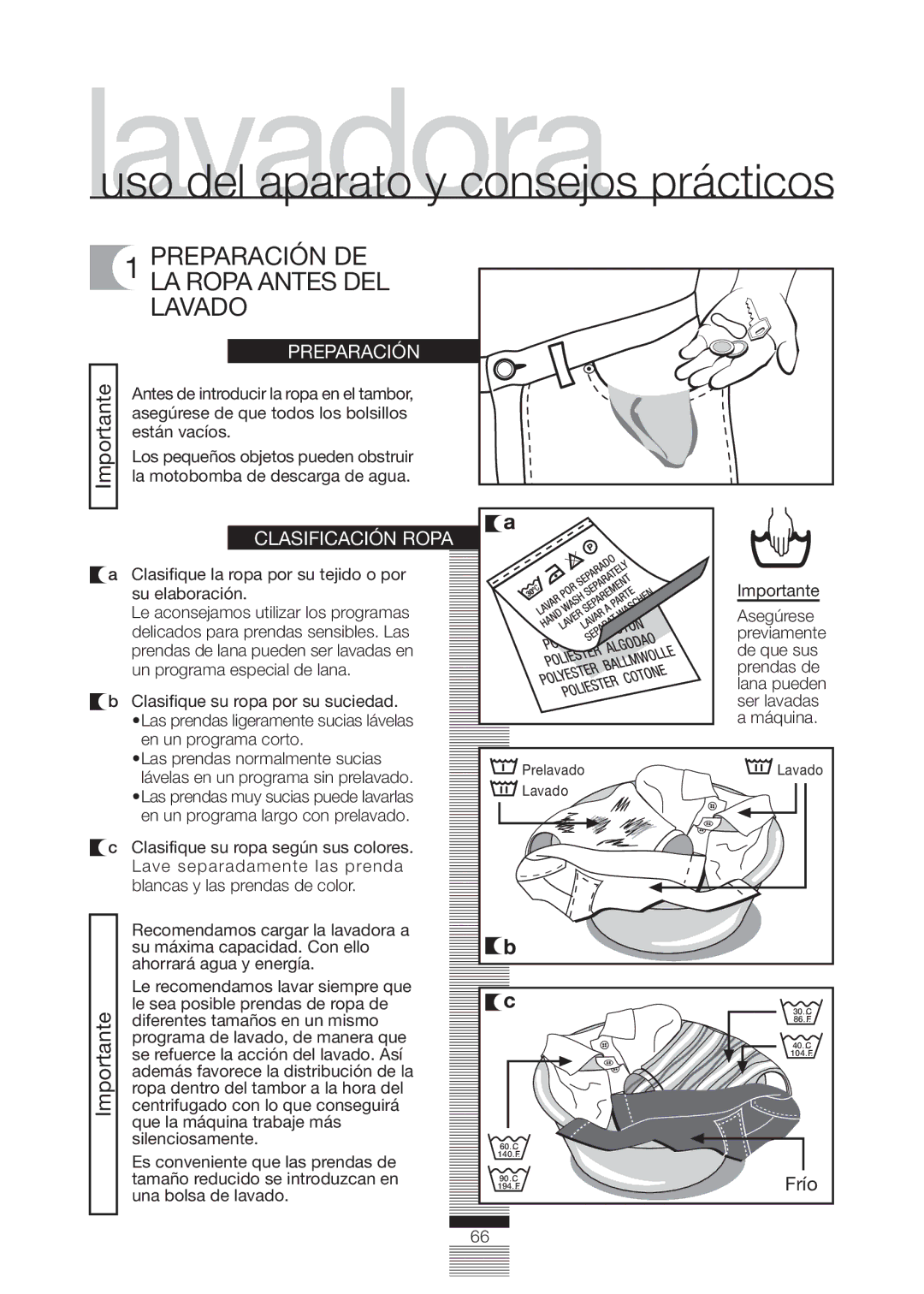 Fagor America FA-5812 X manual Preparación DE LA Ropa Antes DEL Lavado, Clasificación Ropa 