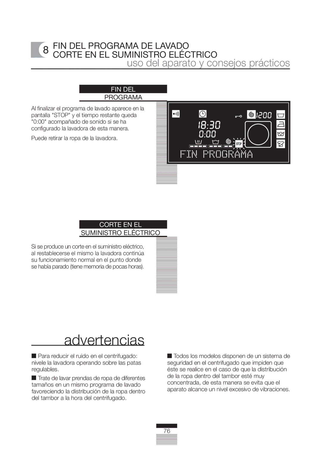 Fagor America FA-5812 X manual FIN DEL Programa DE Lavado Corte EN EL Suministro Eléctrico, Fin Del 