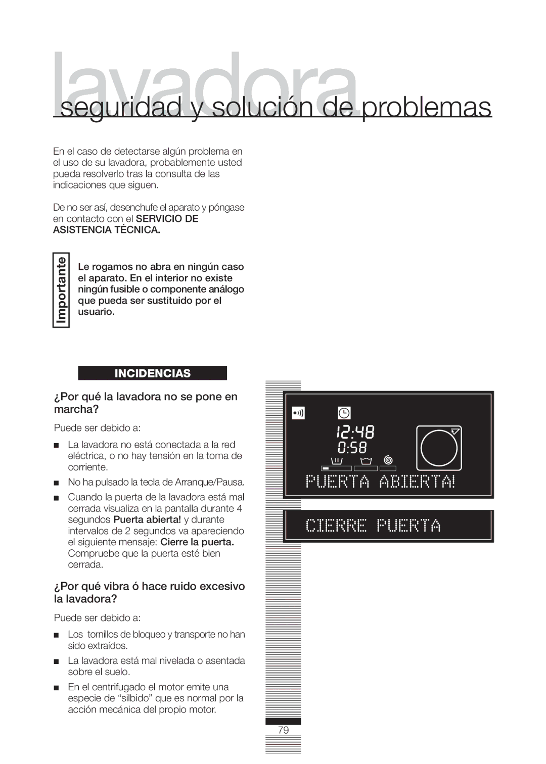 Fagor America FA-5812 manual ¿Por qué la lavadora no se pone en marcha?, ¿Por qué vibra ó hace ruido excesivo la lavadora? 