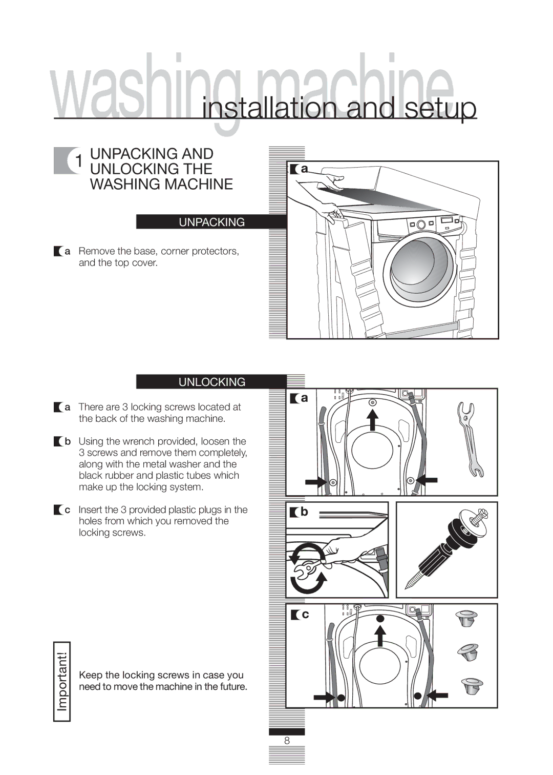 Fagor America FA-5812 X Unpacking and Unlocking the Washing Machine, Remove the base, corner protectors, and the top cover 