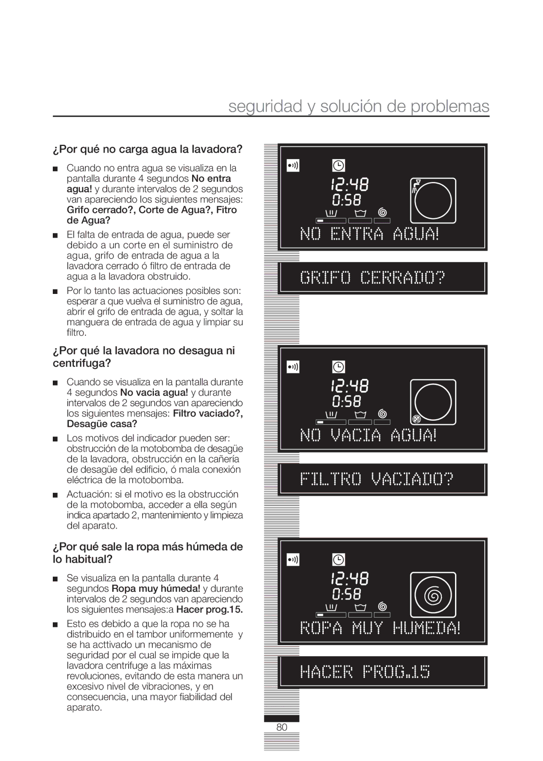 Fagor America FA-5812 X manual Seguridad y solución de problemas, ¿Por qué no carga agua la lavadora? 