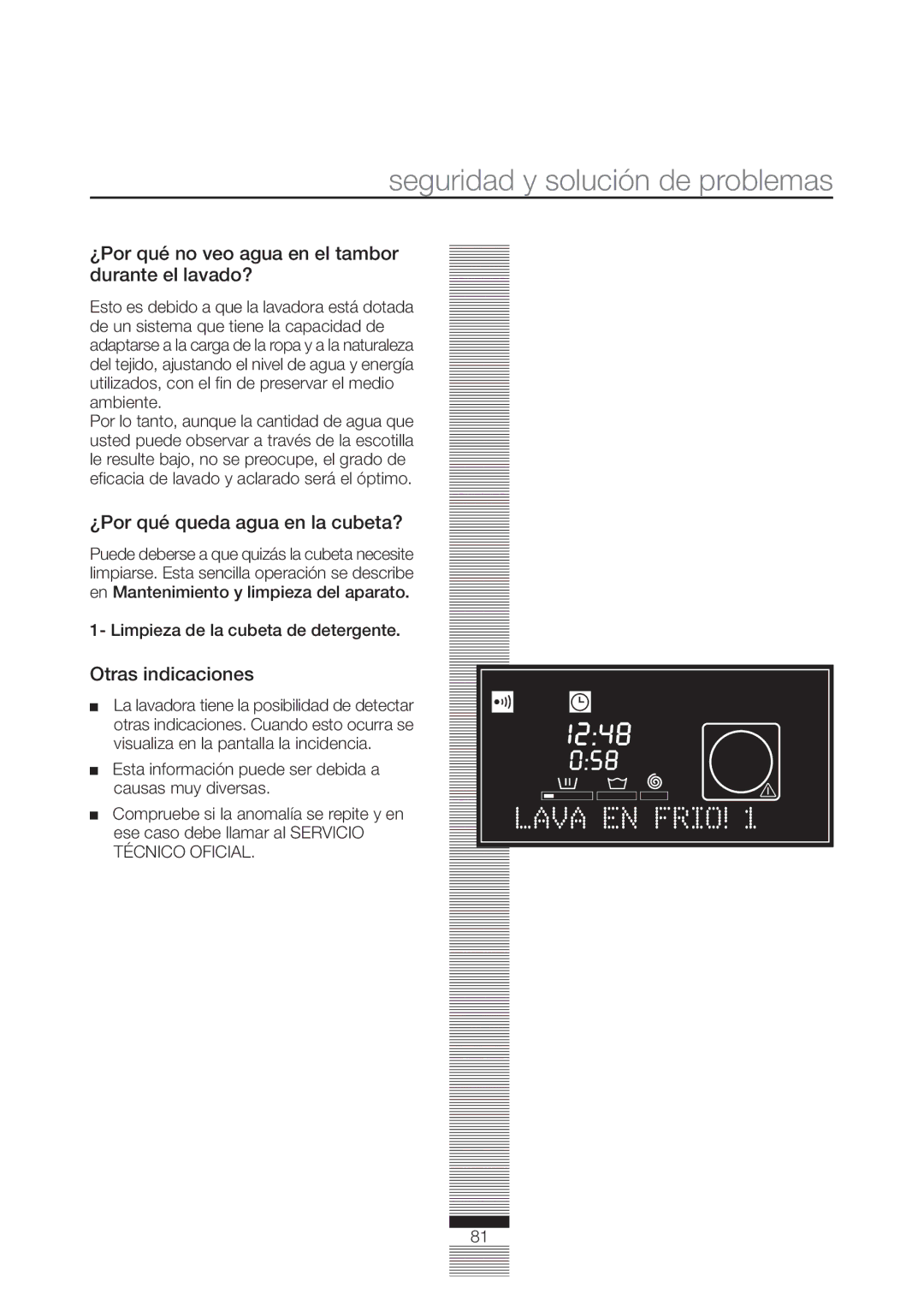 Fagor America FA-5812 X manual ¿Por qué no veo agua en el tambor durante el lavado?, ¿Por qué queda agua en la cubeta? 