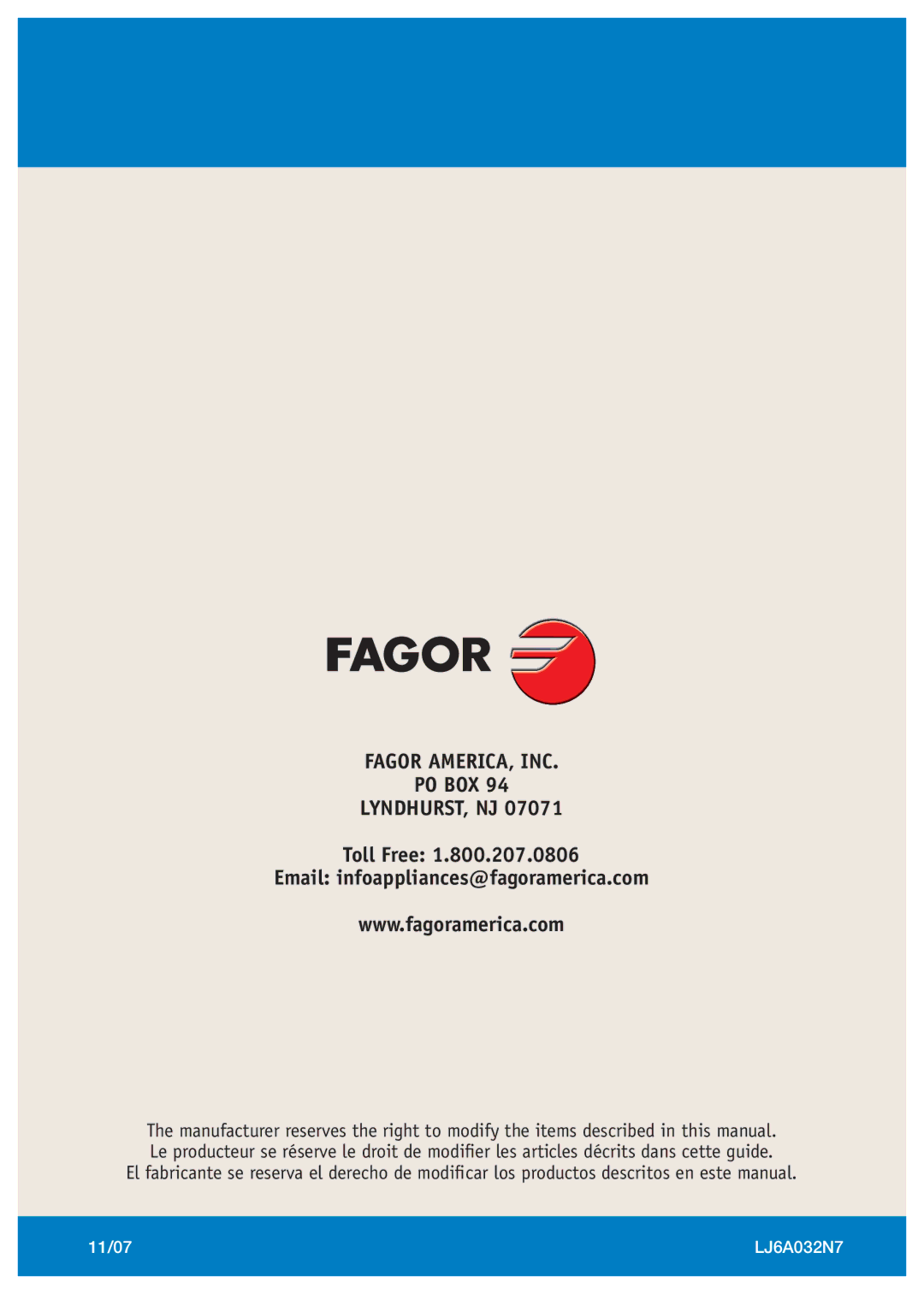 Fagor America FA-5812 X manual Fagor AMERICA, INC PO BOX LYNDHURST, NJ 