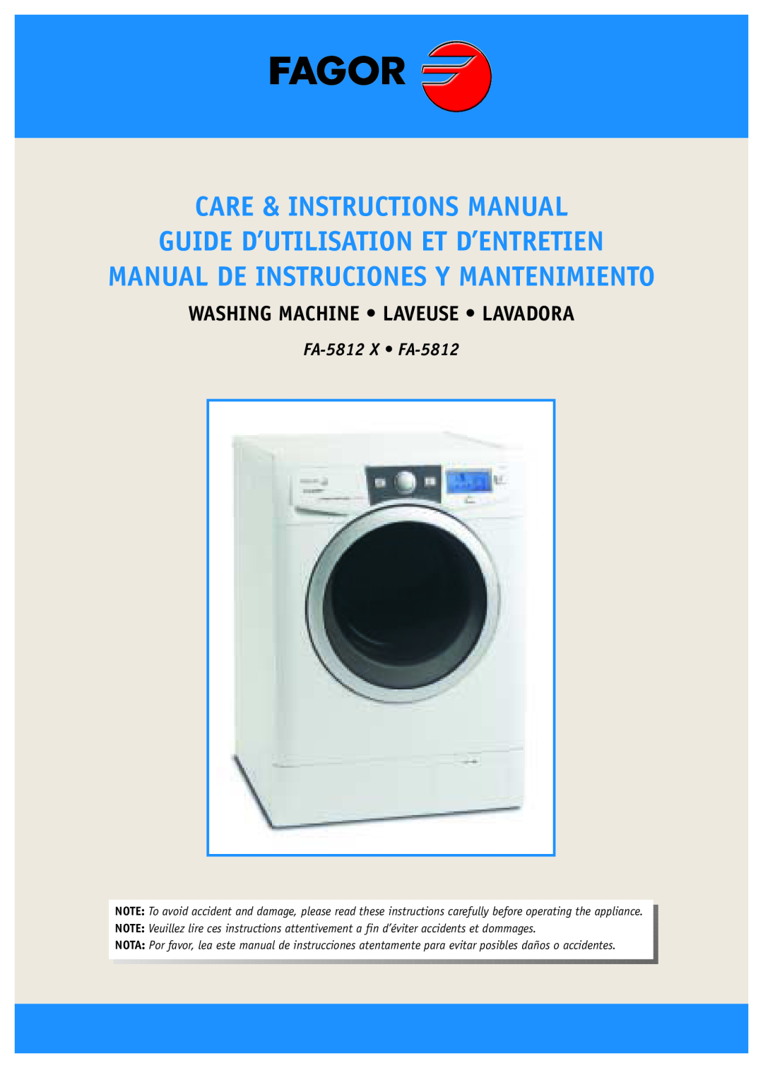 Fagor America manual Care & Instructions Manual Guide D’Utilisation Et D’Entretien, FA-5812 X FA-5812 