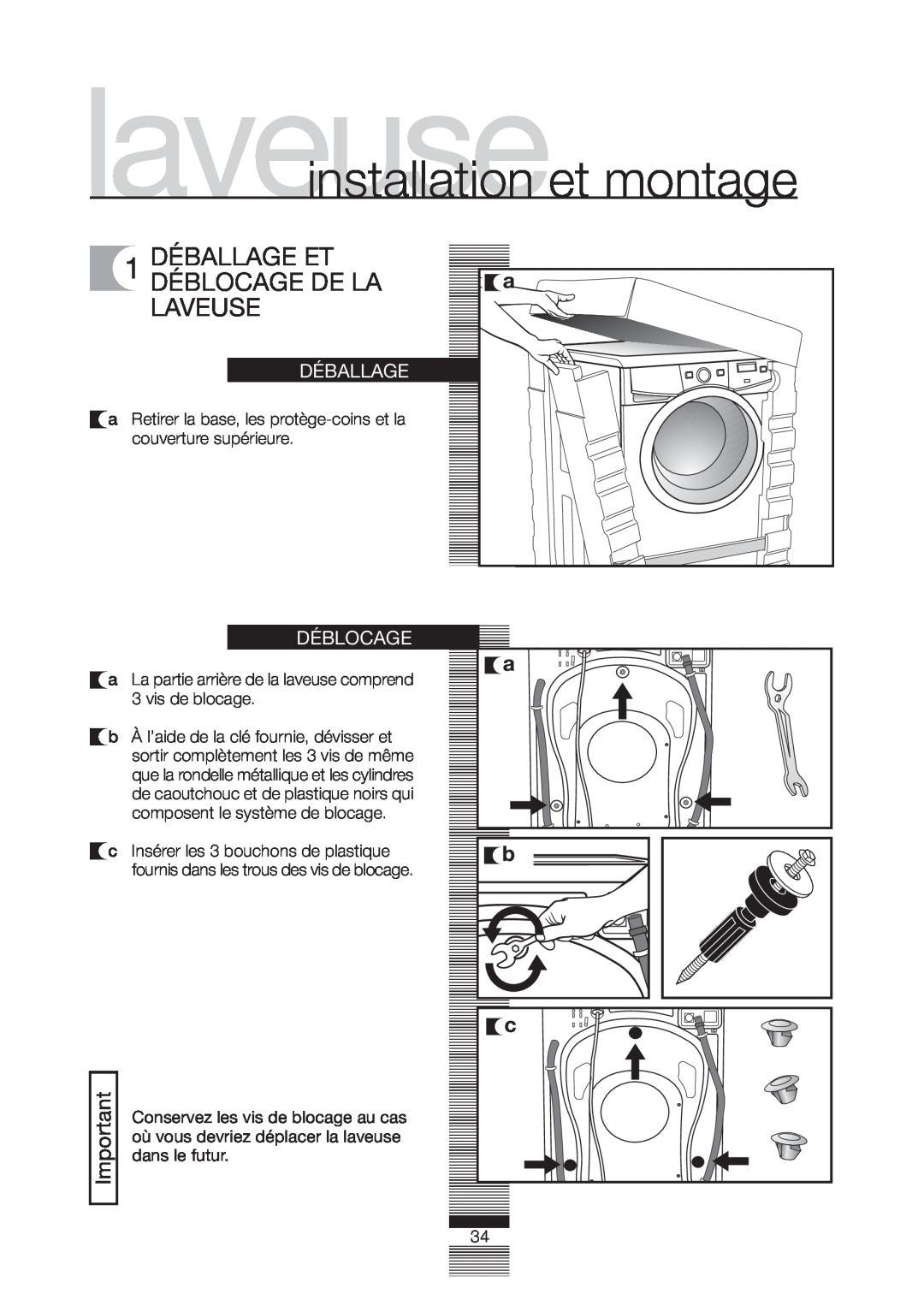 Fagor America FA-5812 X manual laveuseinstallation et montage, 1 DÉBALLAGE ET DÉBLOCAGE DE LA LAVEUSE, Déballage, Déblocage 