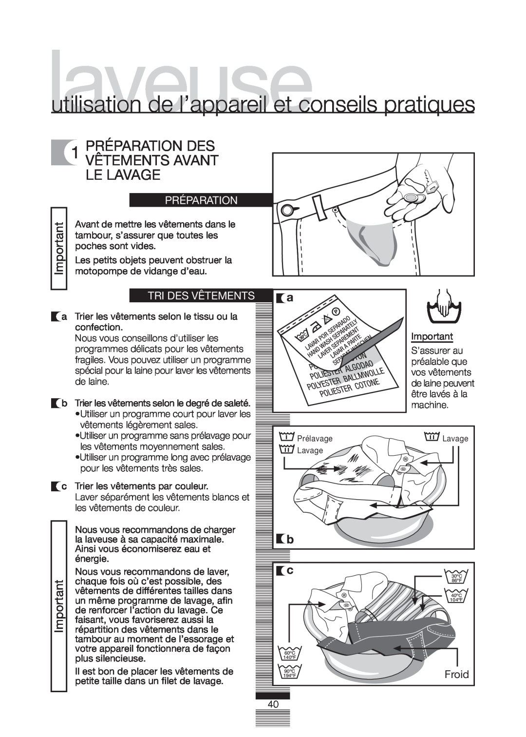 Fagor America FA-5812 X manual 1 PRÉPARATION DES VÊTEMENTS AVANT LE LAVAGE, Froid, Préparation 