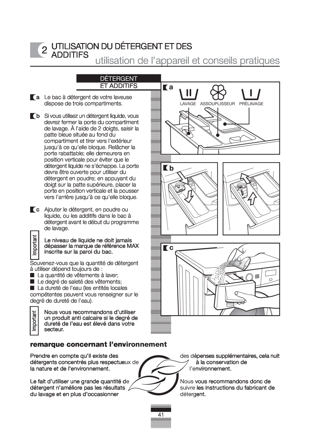 Fagor America FA-5812 X manual Utilisationadditifs Du Détergent Et Des, remarque concernant l’environnement, Et Additifs 