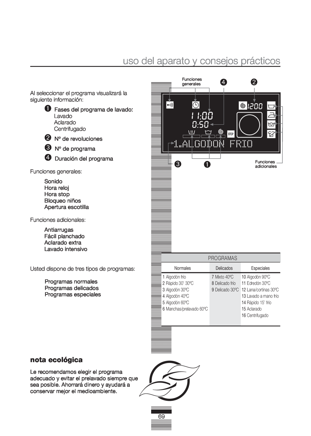 Fagor America FA-5812 X manual Algodon Frio, uso del aparato y consejos prácticos, nota ecológica 