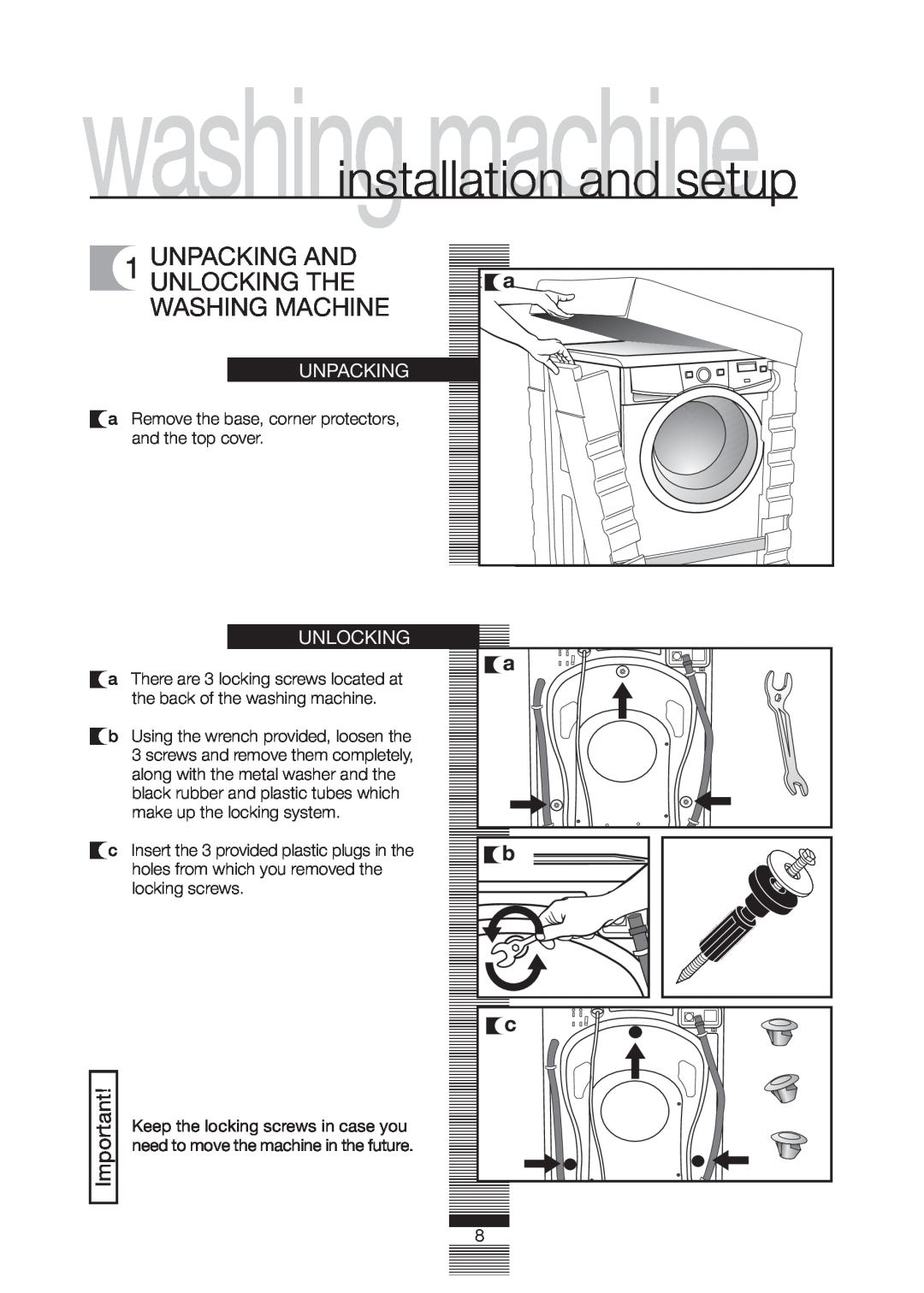 Fagor America FA-5812 X manual Unpacking And Unlocking The Washing Machine 