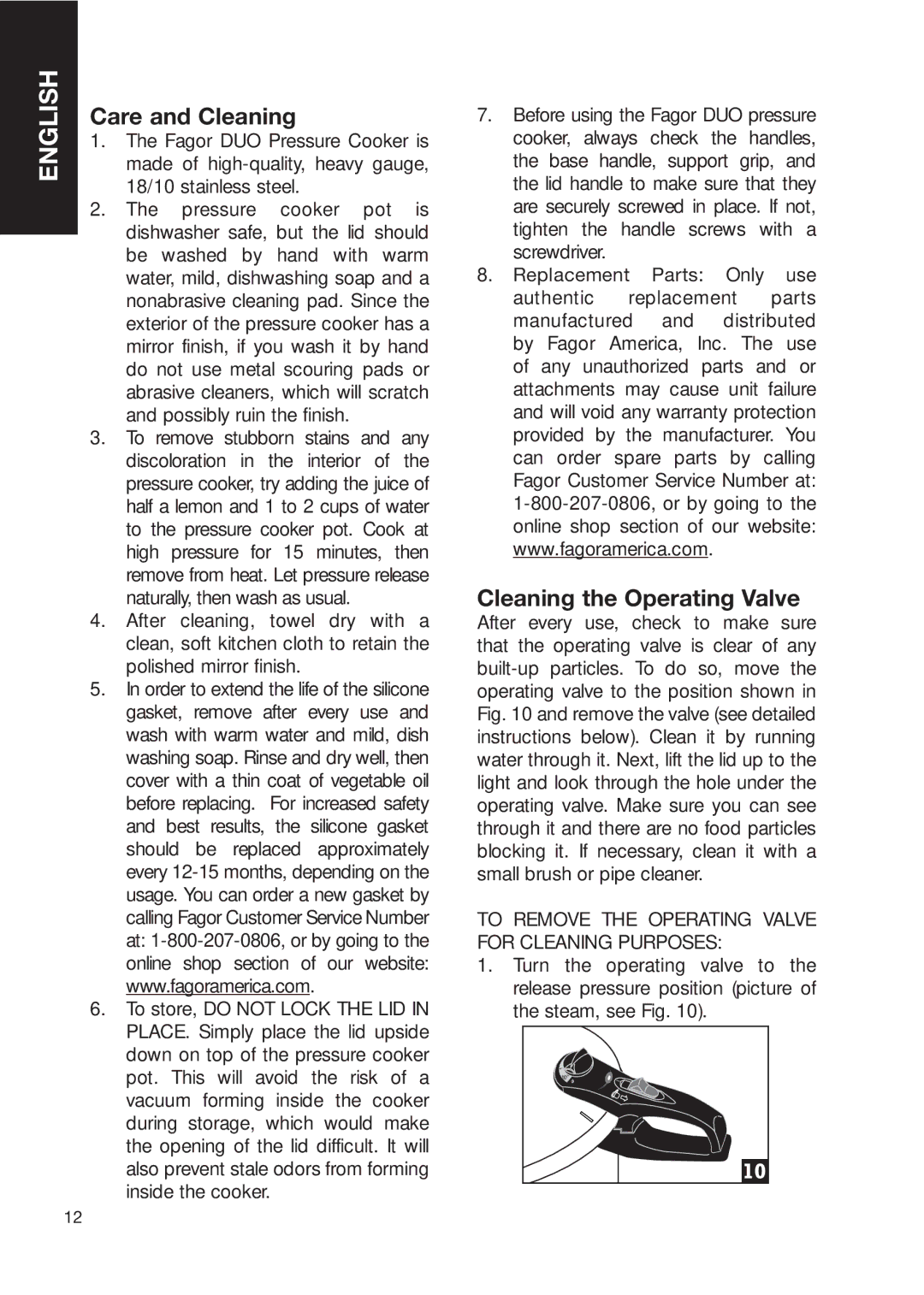 Fagor America fagor duo pressure cooker user manual Care and Cleaning, Cleaning the Operating Valve 