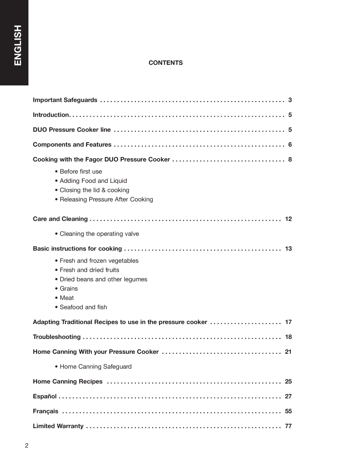 Fagor America fagor duo pressure cooker user manual Contents 