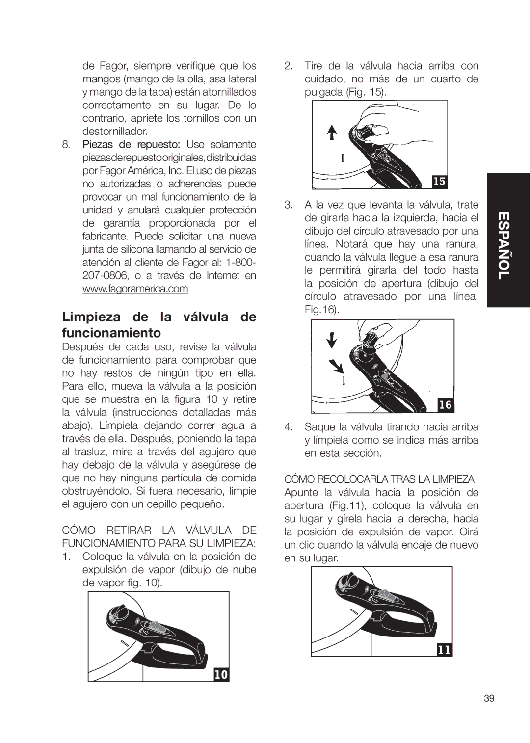 Fagor America fagor duo pressure cooker user manual Limpieza de la válvula de funcionamiento 