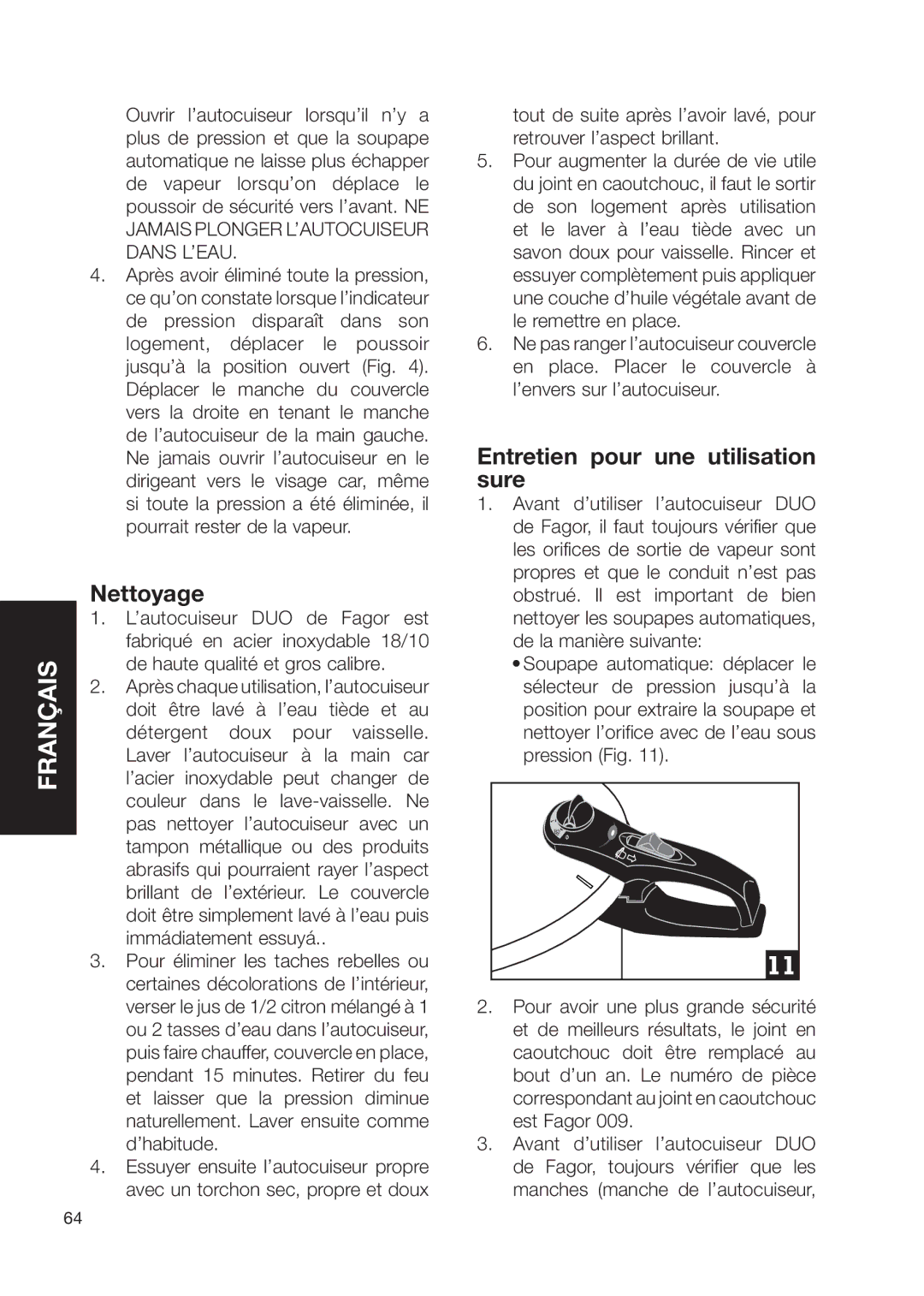 Fagor America fagor duo pressure cooker user manual Nettoyage, Entretien pour une utilisation sure 