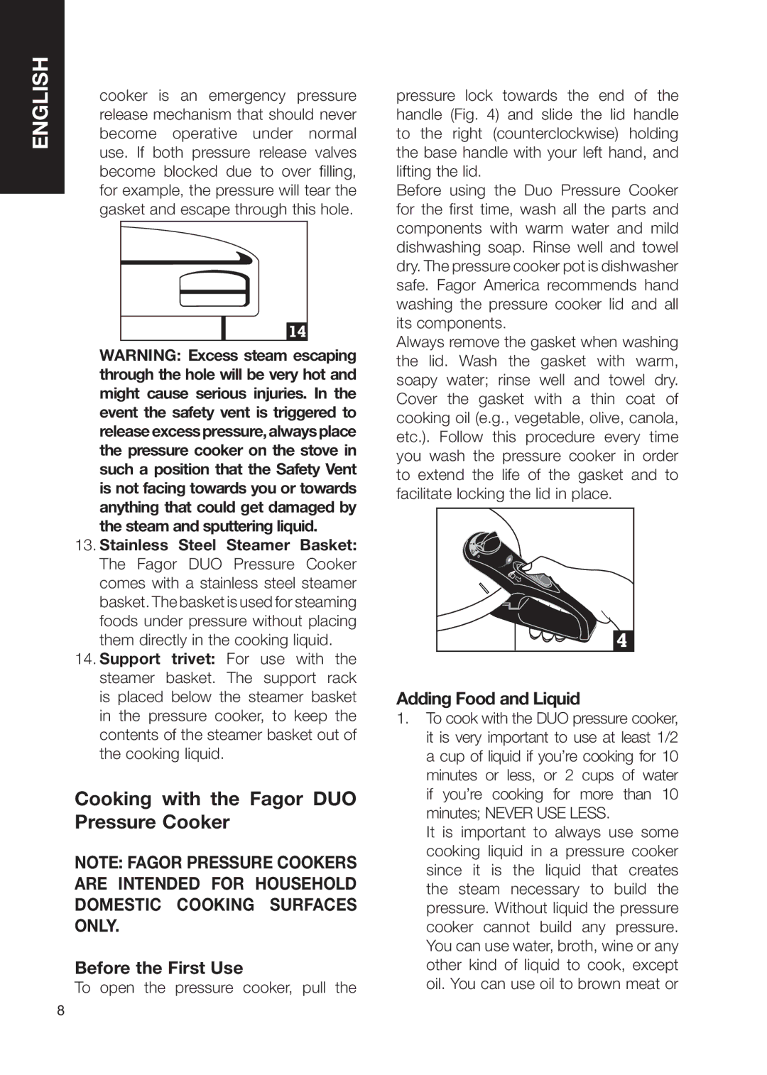 Fagor America fagor duo pressure cooker user manual Cooking with the Fagor DUO Pressure Cooker, Before the First Use 