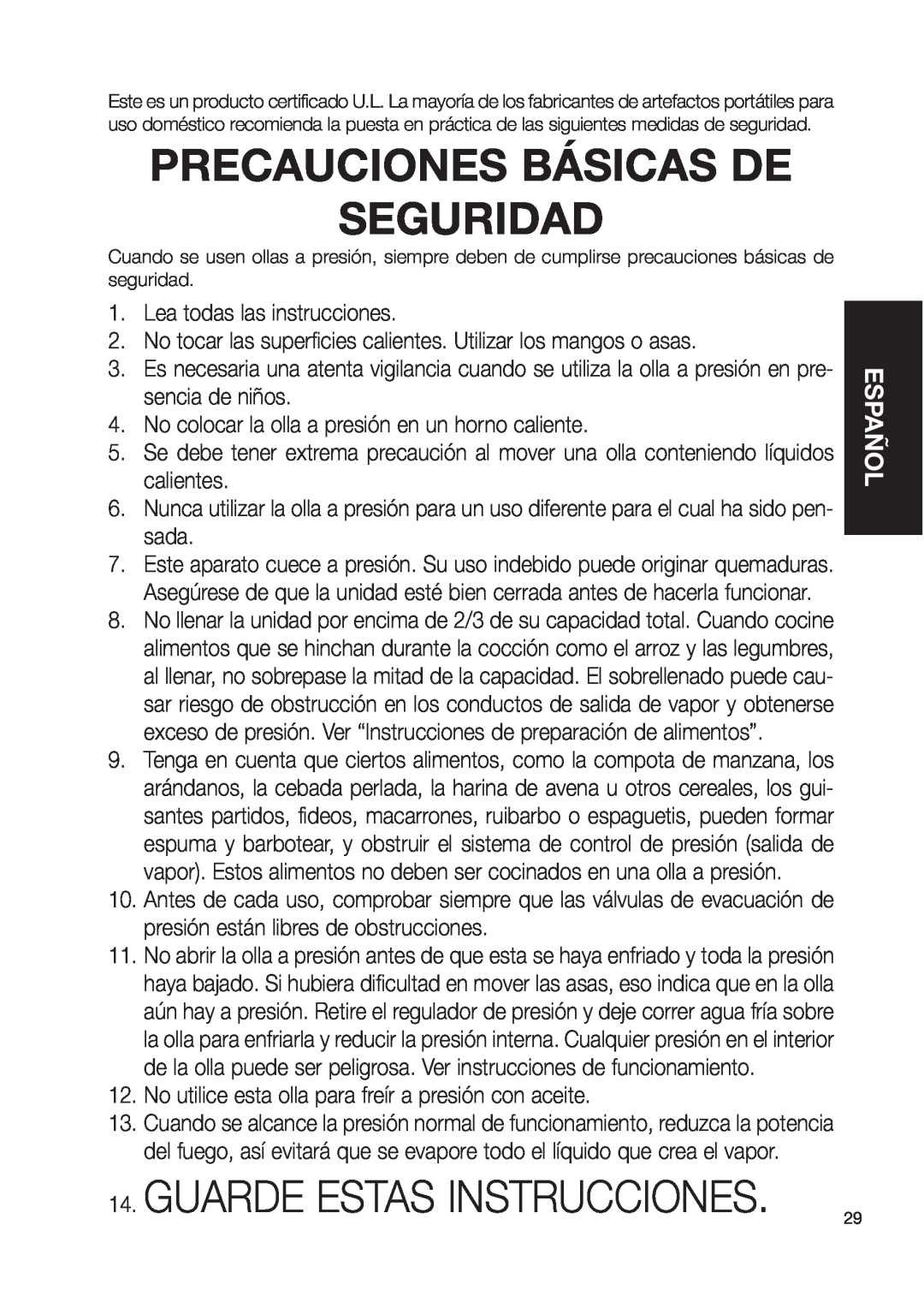 Fagor America fagor duo pressure cooker user manual Precauciones Básicas De Seguridad, Guarde Estas Instrucciones, Español 