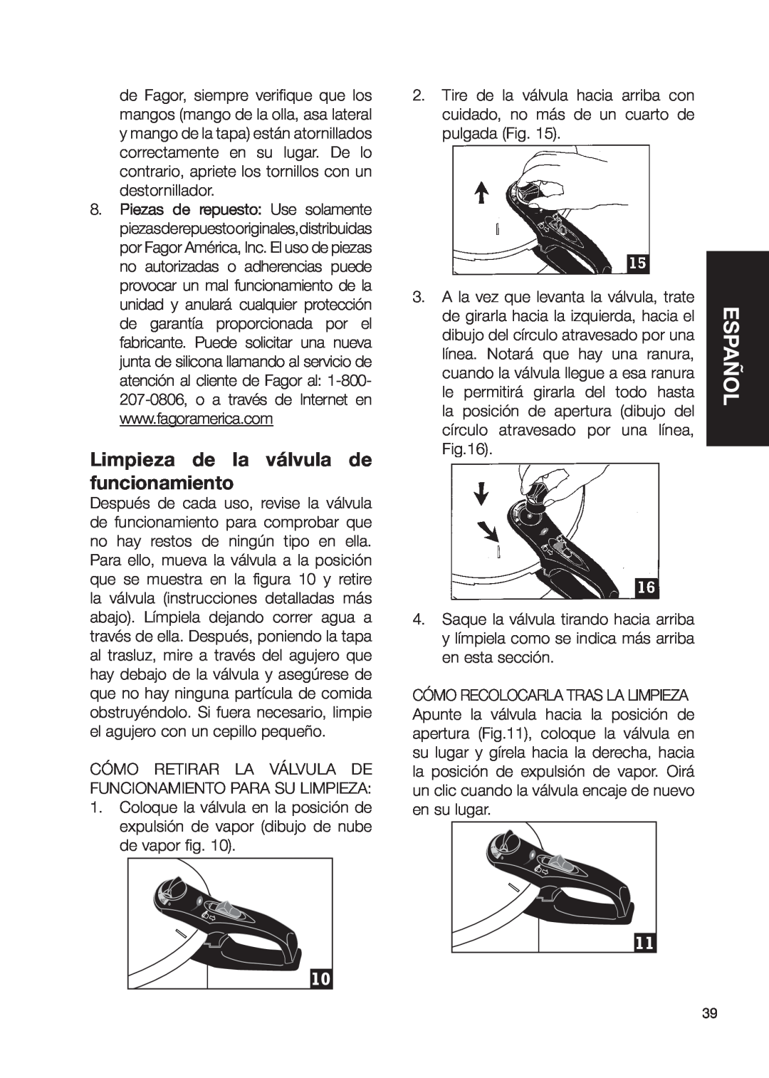 Fagor America fagor duo pressure cooker user manual Limpieza de la válvula de funcionamiento, Español 