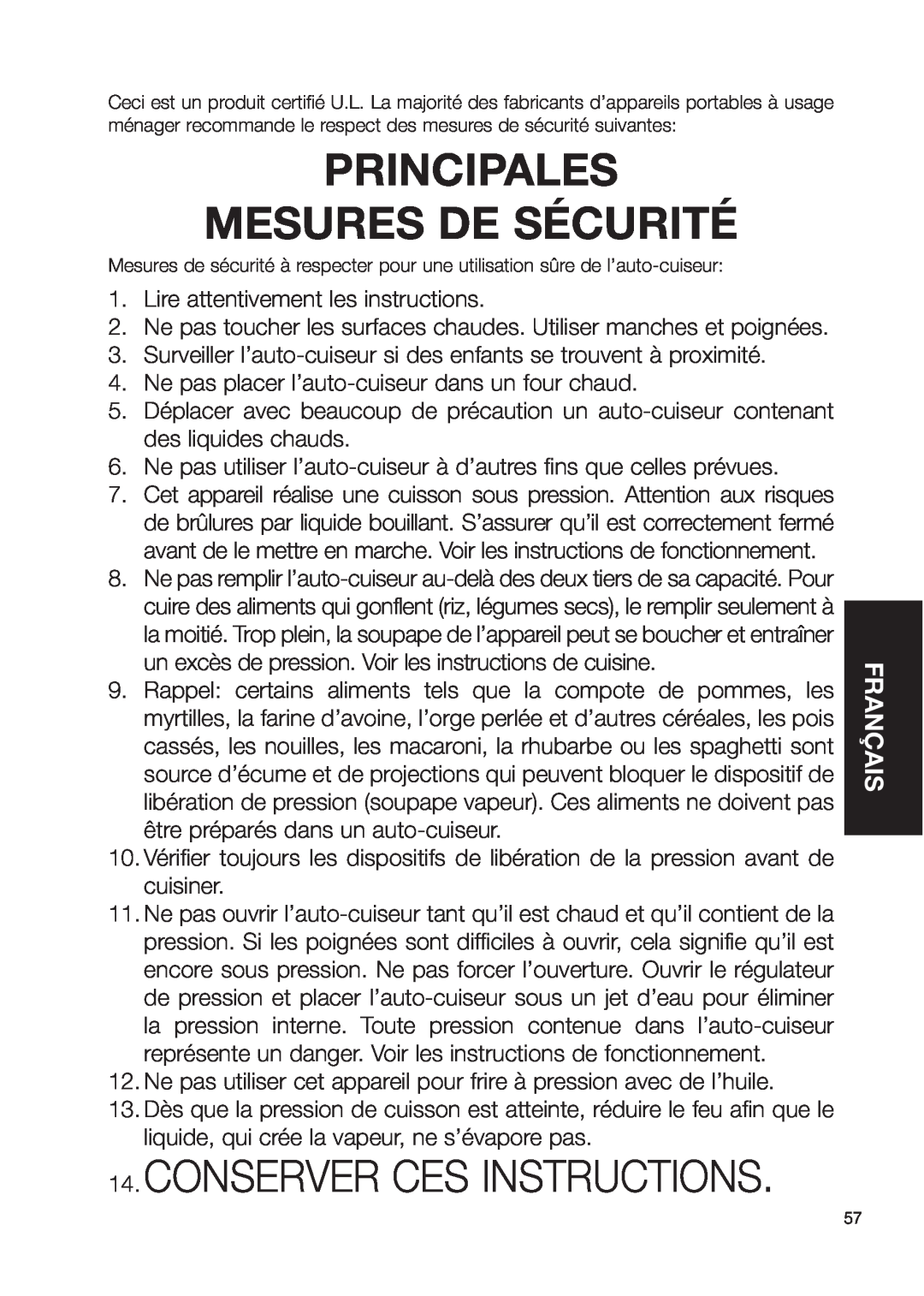 Fagor America fagor duo pressure cooker user manual Principales Mesures De Sécurité, Conserver Ces Instructions, Français 