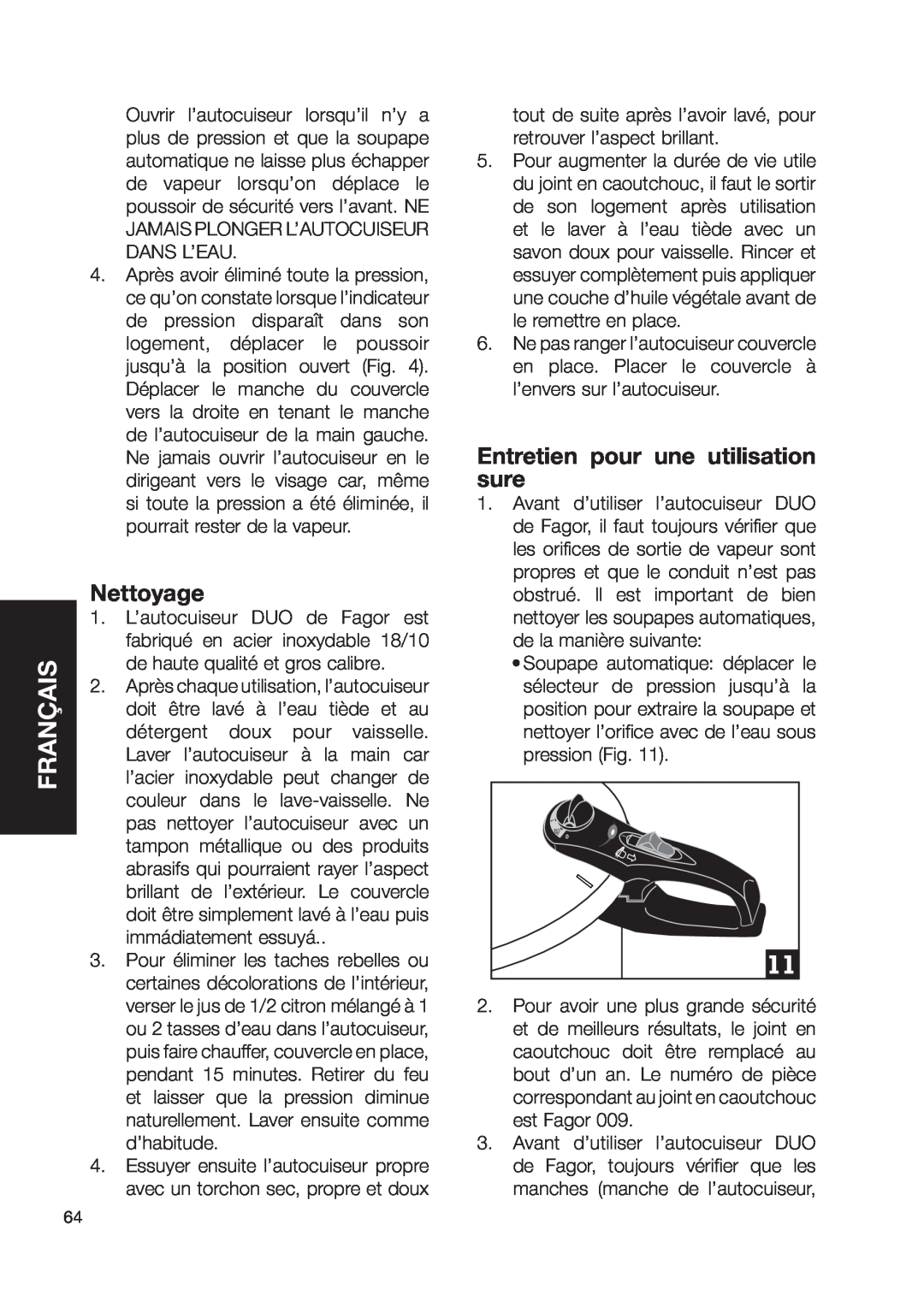 Fagor America fagor duo pressure cooker user manual Nettoyage, Entretien pour une utilisation sure, Français 